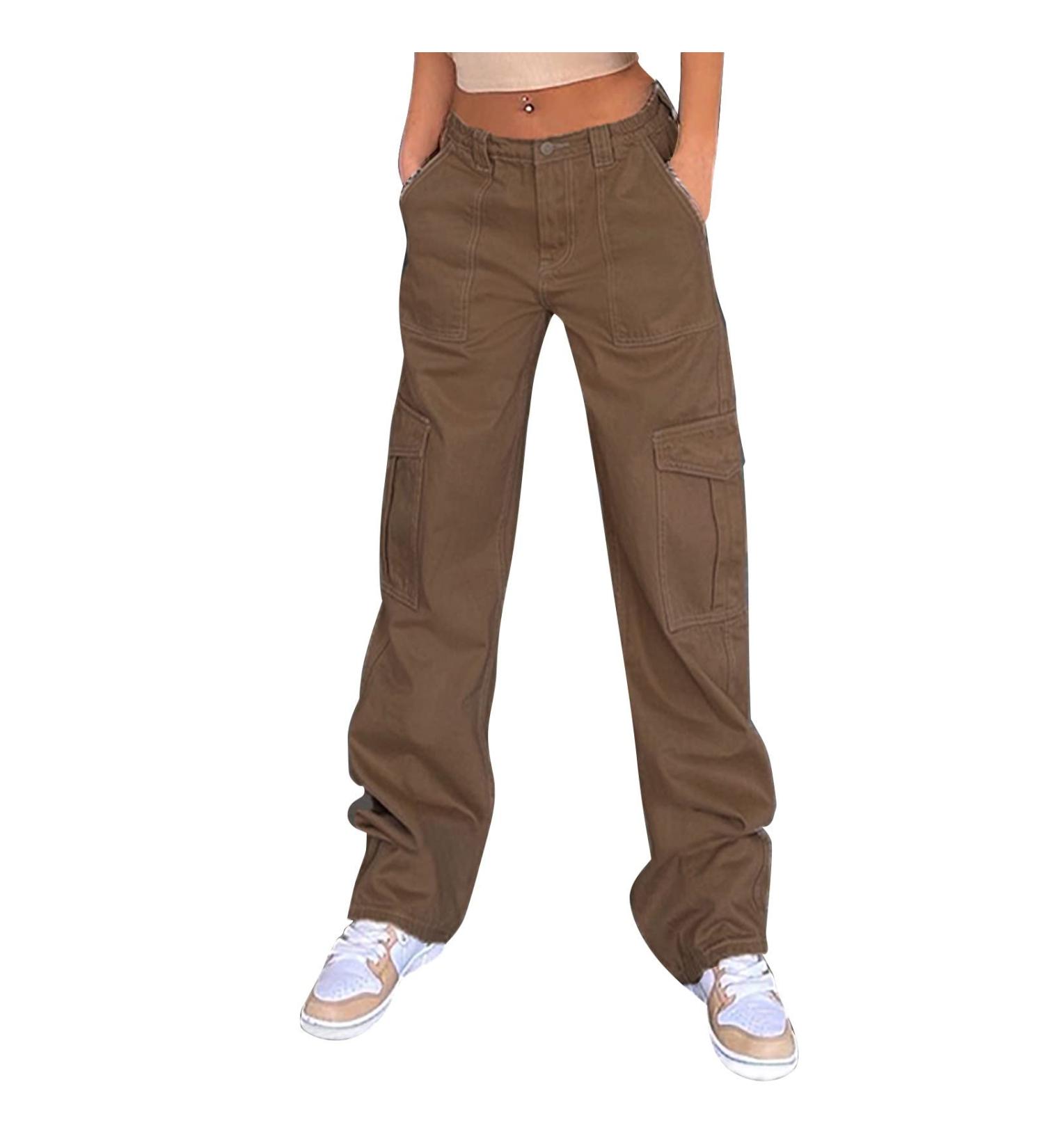 High Waist Baggy Cargo Pants | Teen Girls Women Fashion Lounge Trousers | Y2K E-Girl Streetwear Brown Medium - Buy Online on GoSupps.com