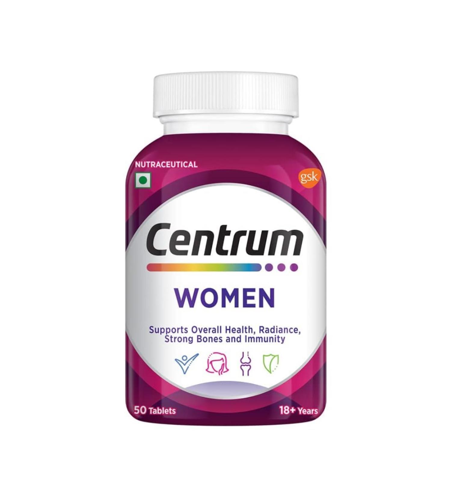 Cen"trum Women World's No.1 Multivitamin with Biotin Vitamin C & 21 vital Nutrients for Overall Health Radiance Strong Bones & Immunity (Veg) Pack of 50 tablets - Buy Online on GoSupps.com
