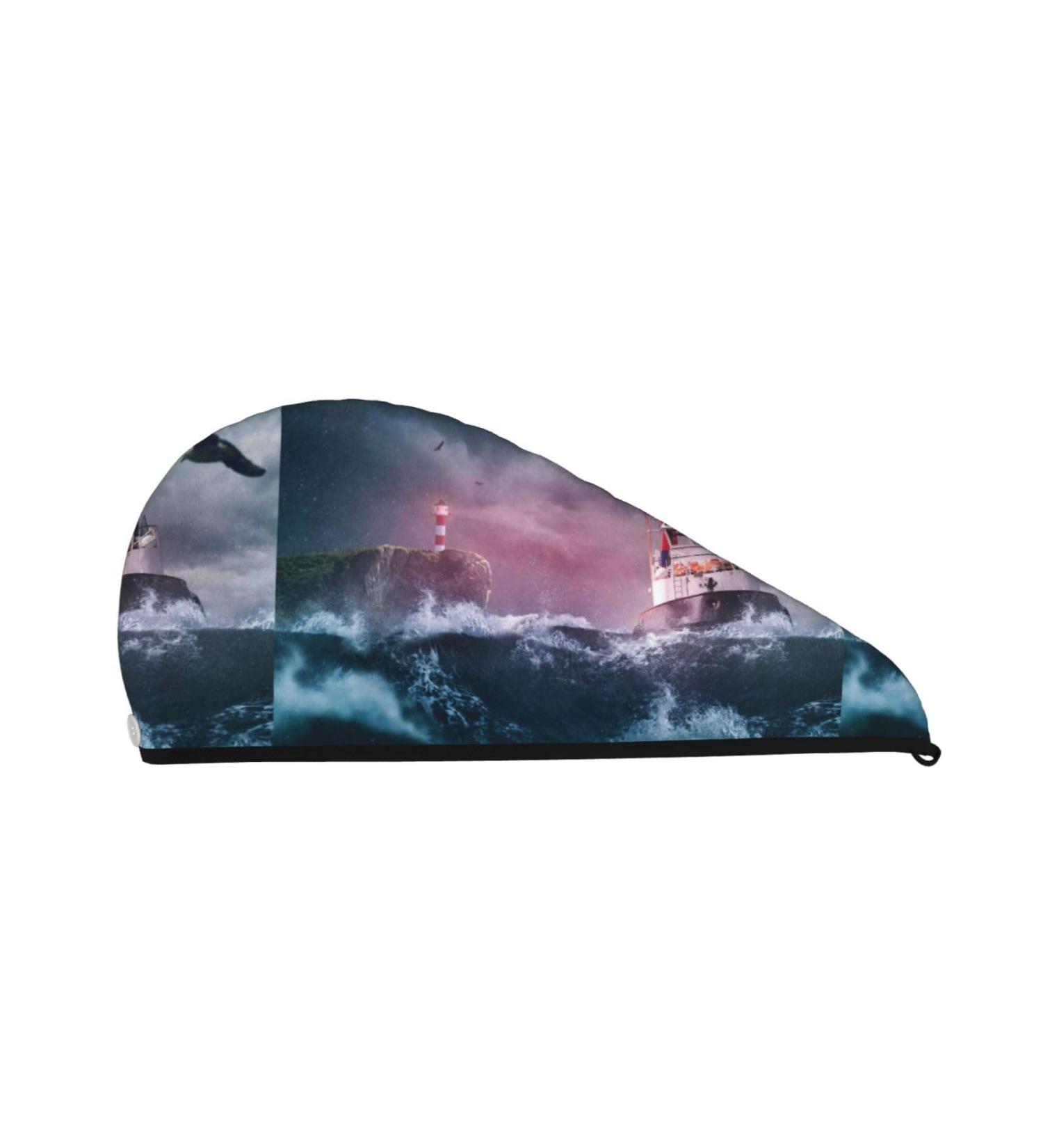 Hair Towel Wrap Quick Drying Turban with Button | Boat Lighthouse Storm Waves Design - Buy Online on GoSupps.com