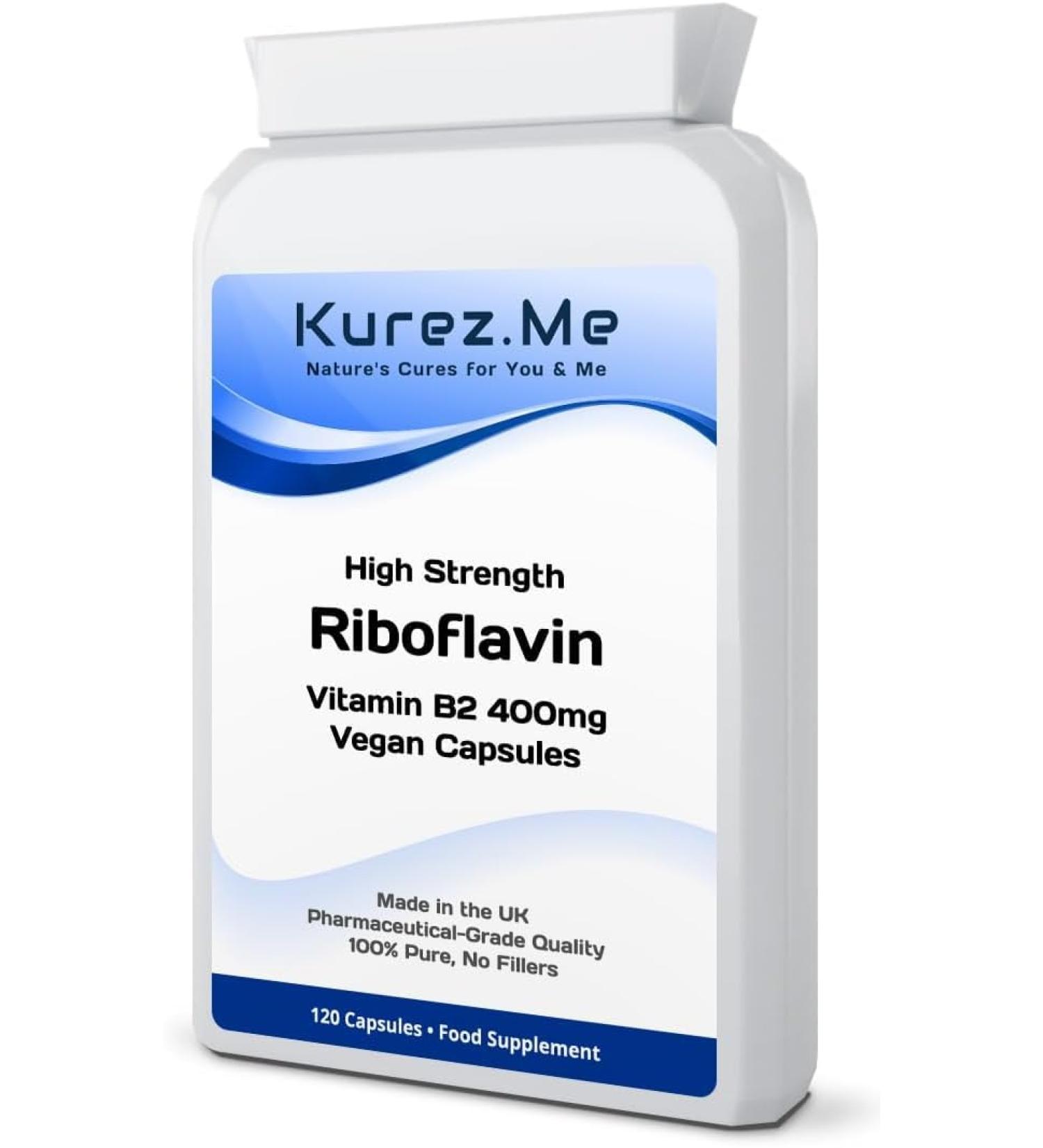 Kurez.me 400mg Vitamin B2-120 Capsules - 4 Month Supply - High Strength Riboflavin for Energy Migraines & Healthy Metabolism (120)
