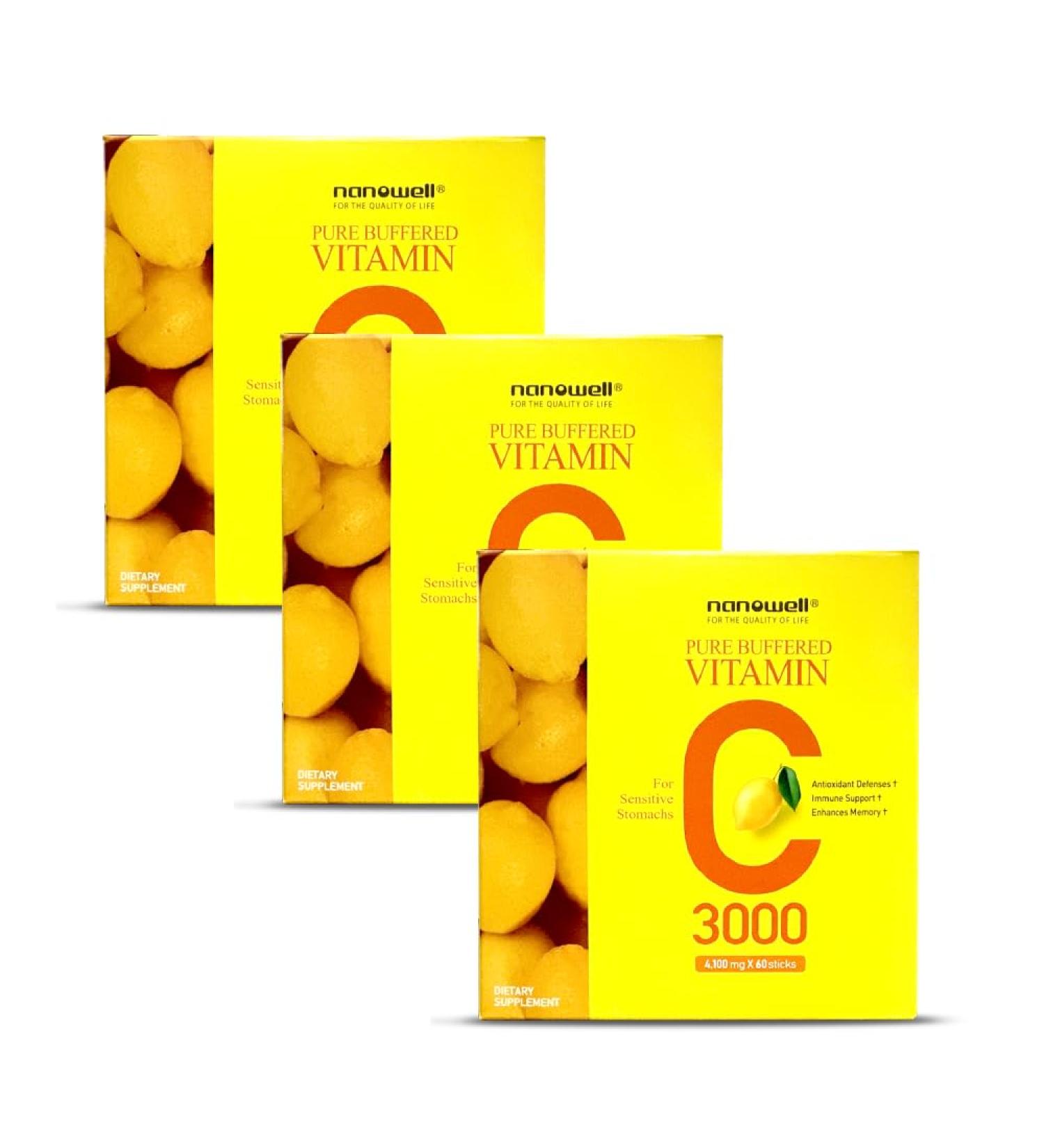 NANOWELL Pure Buffered Vitamin C 3000 mg per Serving Dietary Supplement for Immune Support - 60 Sticks x 3 Boxes 6 Months Supply (180 Count) - Buy Online on GoSupps.com