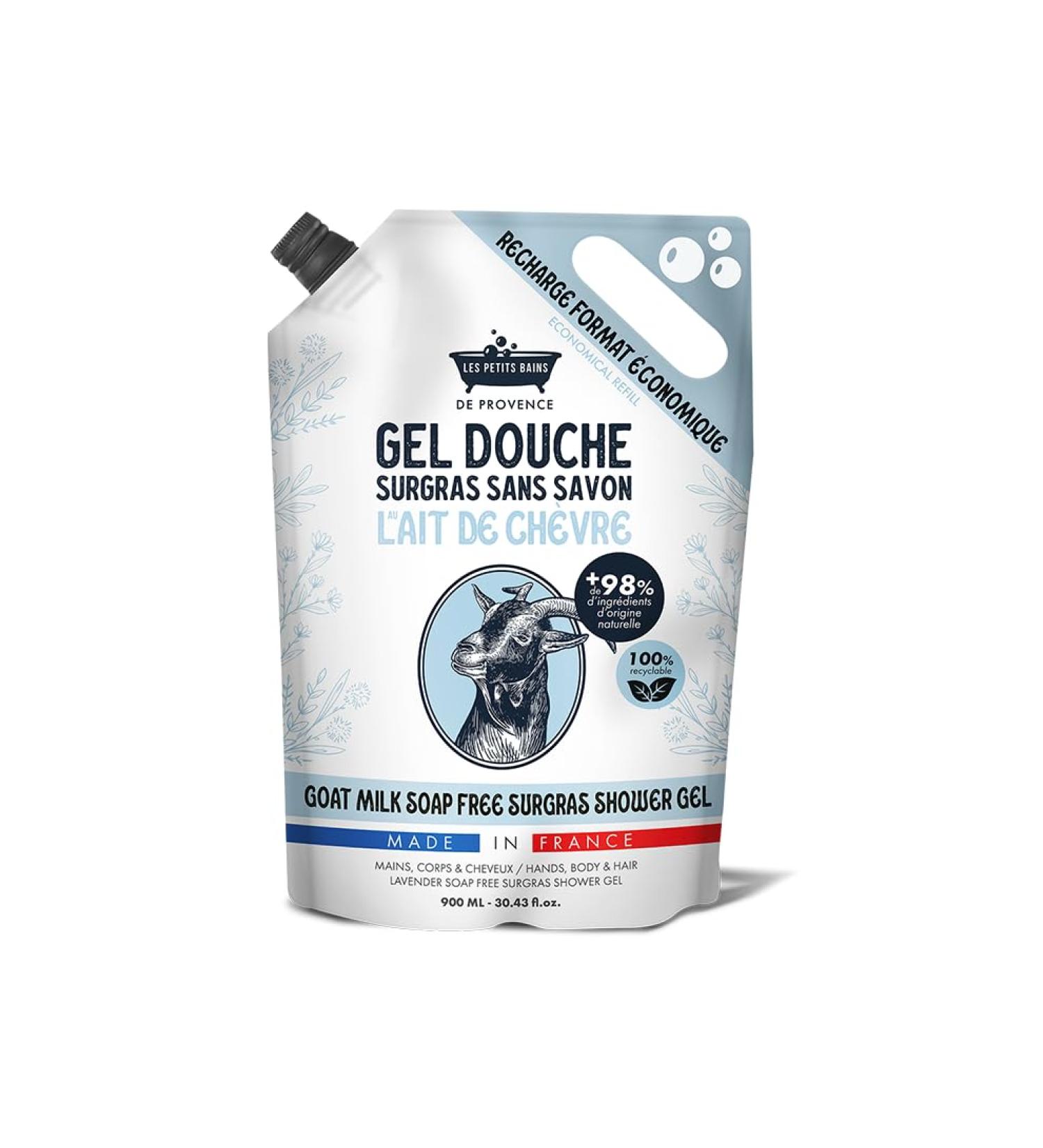 LES PETITS BAINS DE Provence Les Petits Bains de Provence Goat's Milk Shower Gel Refill 900 ml Superfat Shower Gel Soap Free + 98% Natural Ingredients for Hands Body and Hair Recyclable