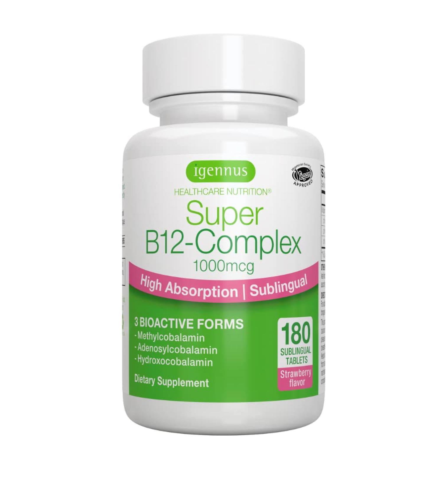 Super B12-Complex 1000mcg - 180 Servings, Methylcobalamin, Adenosylcobalamin & Hydroxocobalamin, High Absorption Sublingual Vitamin, Vegan, Sugar-Free Melts - Buy Online on GoSupps.com