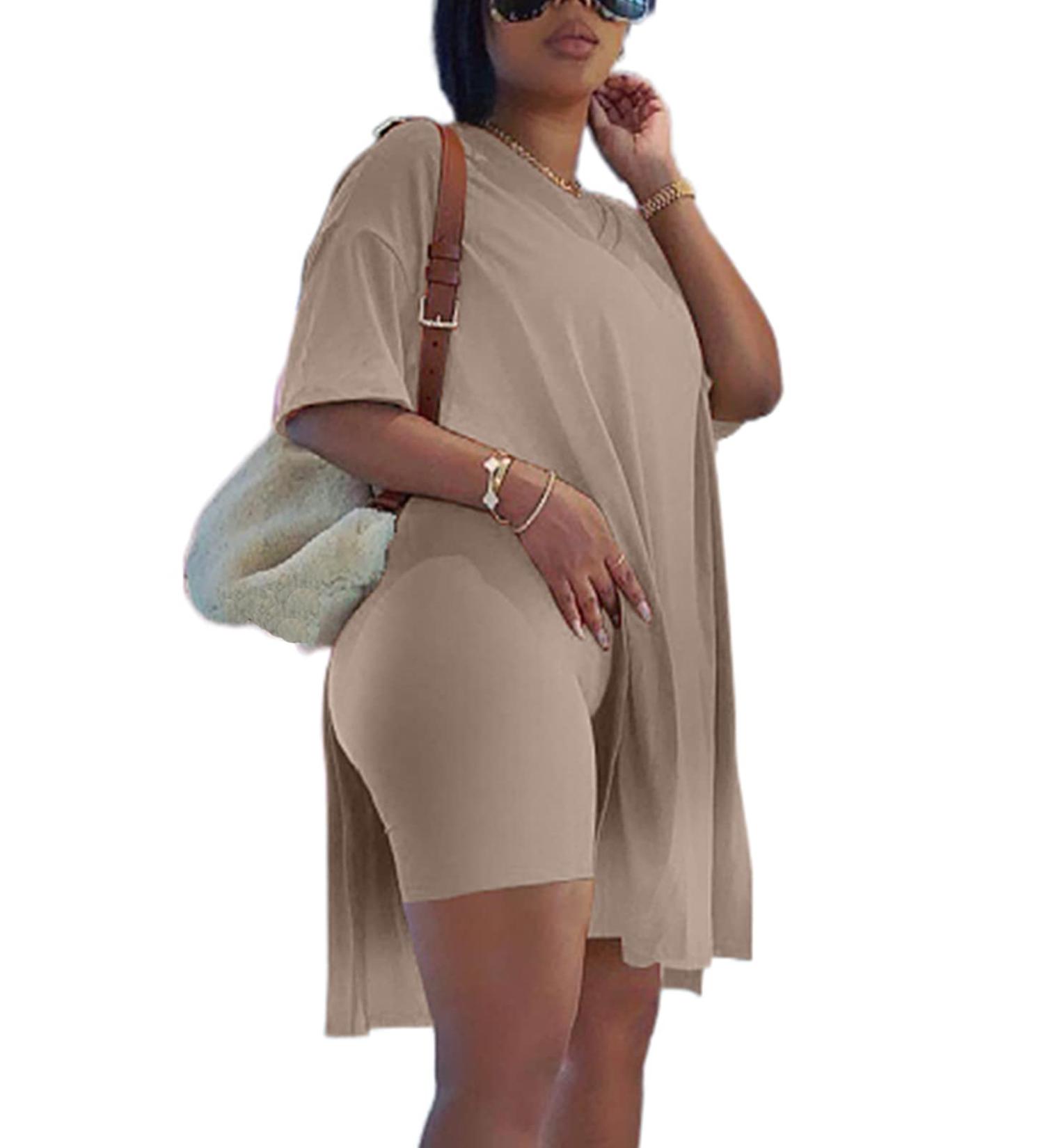 QFMQKPI Women's Casual 2 Piece Outfit Set V Neck Side Split Top & Shorts Brown - Large - Buy Online on GoSupps.com