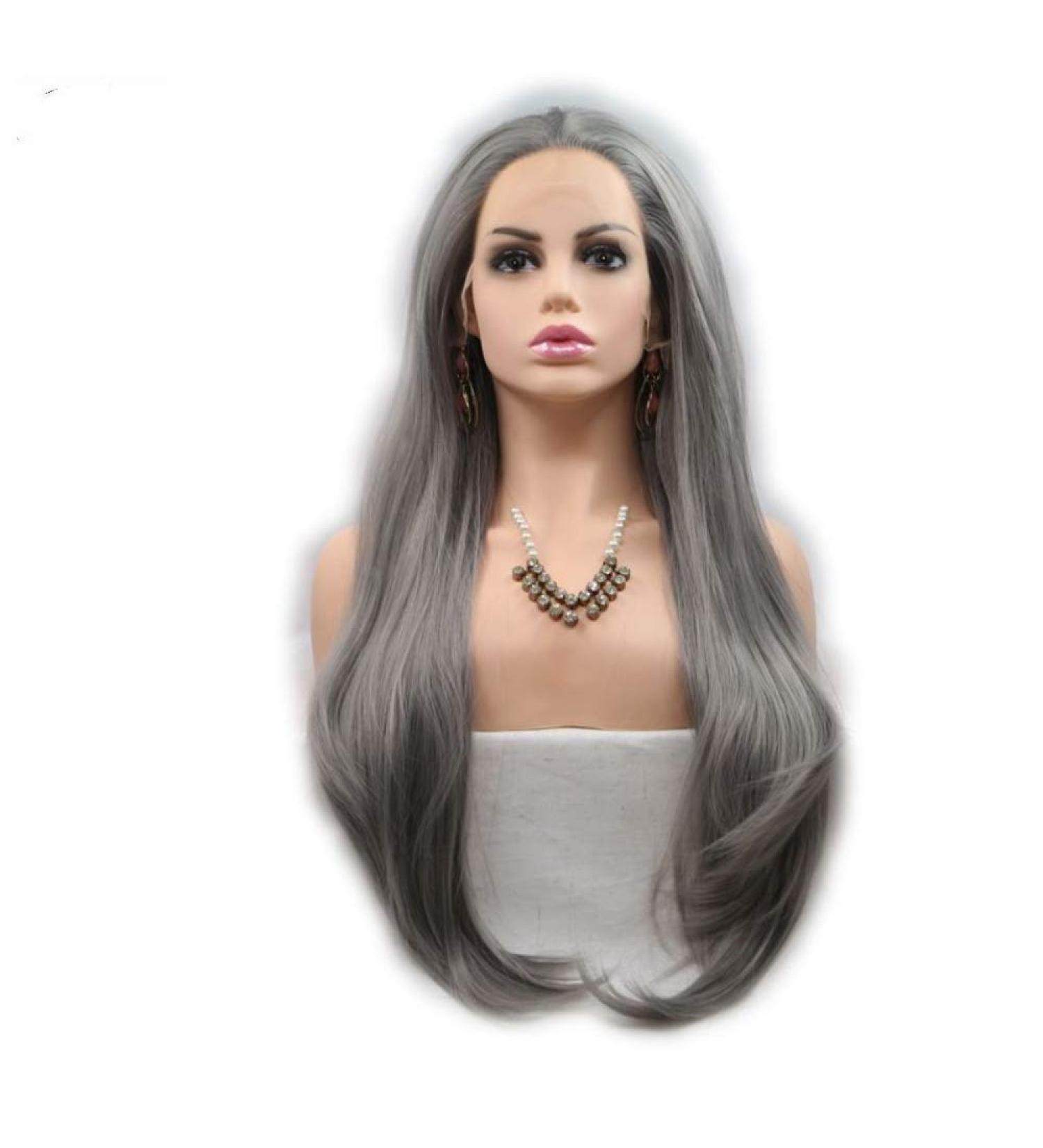 SHIYID Smoky Gray Long Straight Lace Front Wig | Heat Resistant Synthetic Hair for Women - Soft & Stylish - Buy Online on GoSupps.com