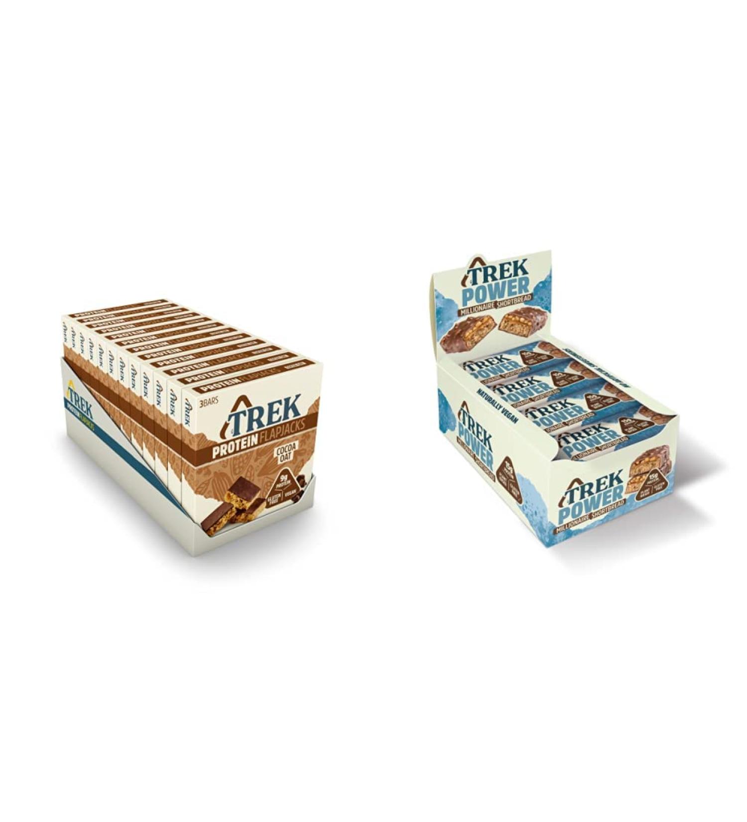 TREK High Protein Flapjack Cocoa Oat - Gluten Free - Plant Based - Vegan Snack - 50g x 36 bars & Protein Power Bar Millionaire Shortbread - Plant Based - Gluten Free - Vegan Snack - 55g x 16 bars - Buy Online on GoSupps.com