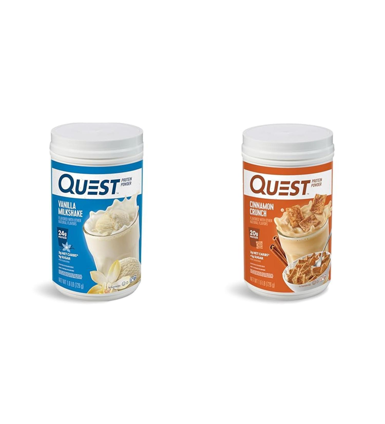 Quest Nutrition Vanilla Milkshake Protein Powder 24g of Protein 1g of Sugar 1.6 Pound 23 Servings & Cinnamon Crunch Protein Powder 20g Protein 2g Net Carb 1g Sugar Low Carb - Buy Online on GoSupps.com