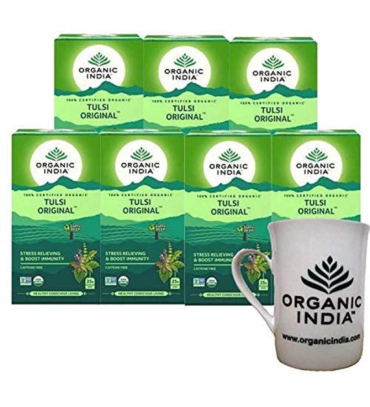 100% Natural Tulsi Original Tea 25 Infusion Tea Bags in Each Pack Fat to Fit Pack of 7 + Free Ceramic Mug - Buy Online on GoSupps.com