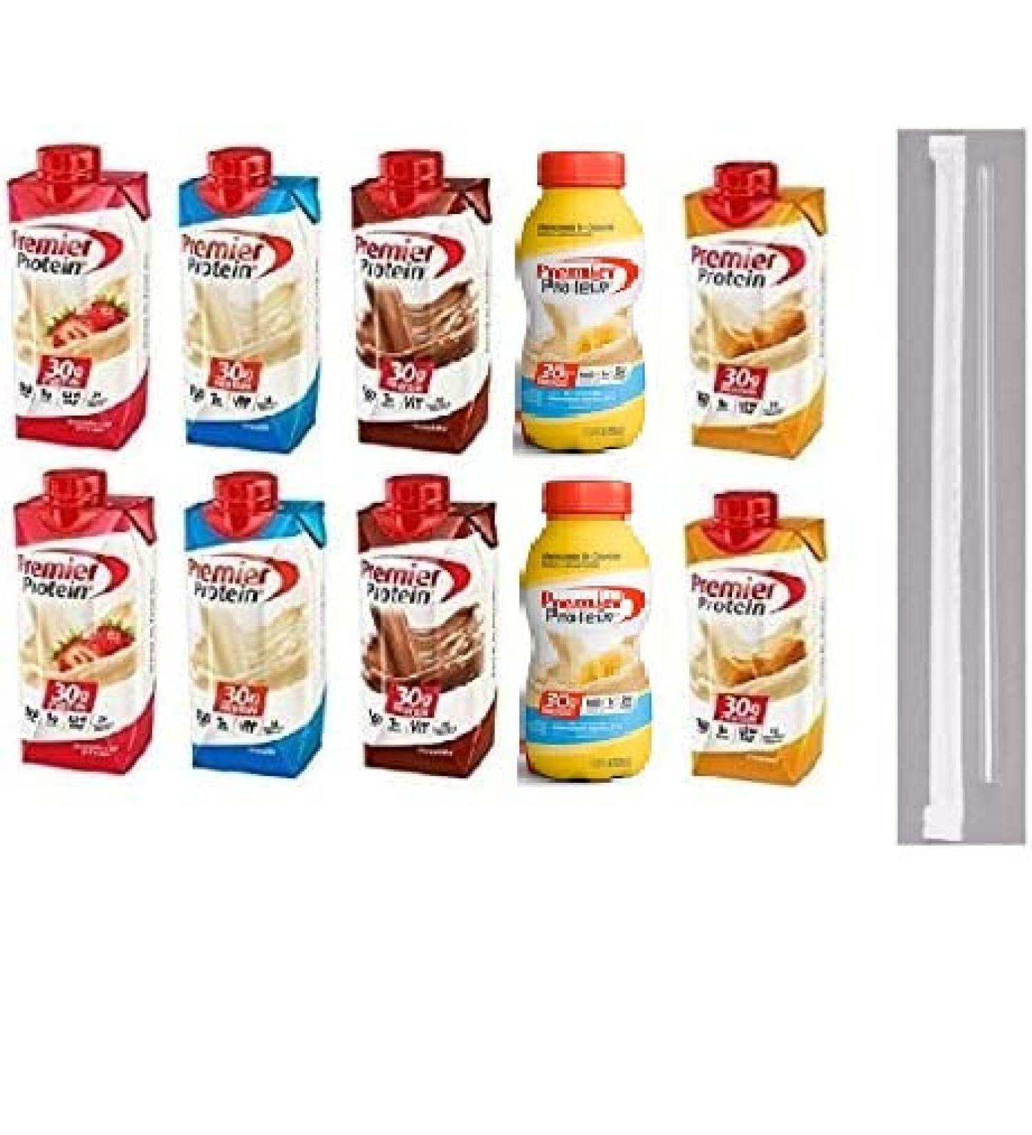 Premier Protein Shakes Drinks - Low Carb High Protein Shakes Variety 10 Pack (30g) | 2 of Each Flavor - Chocolate Strawberry Vanilla Banana & Caramel | Bonus of 10 Individually Wrapped Straws - Buy Online on GoSupps.com