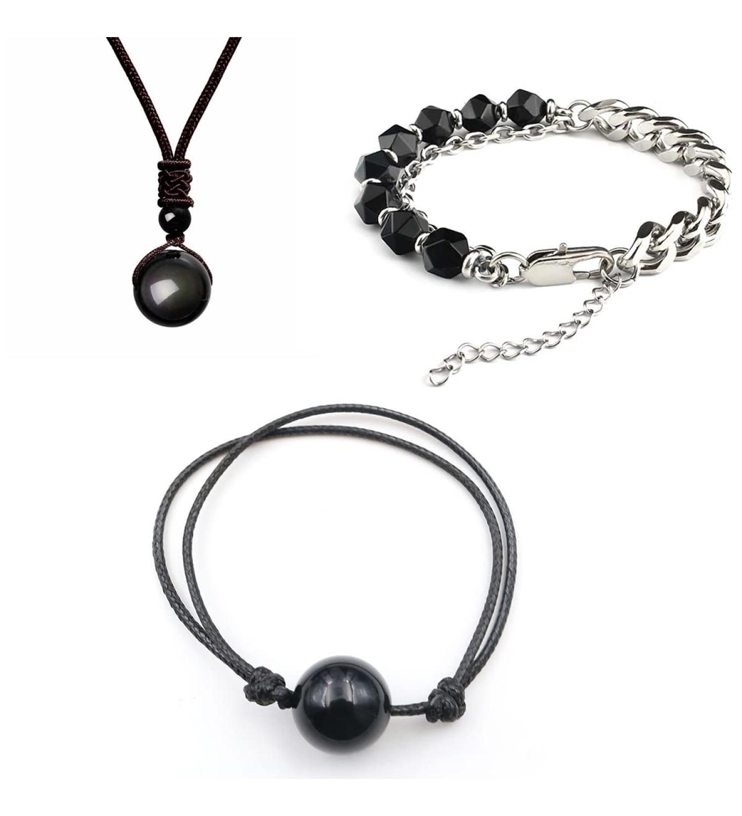 Soulnioi Natural Healing Crystal Obsidian Pendant Necklace & Bracelet Set for Protection - Black Onyx Beads - Silver Adjustable - 1pc - Buy Online on GoSupps.com