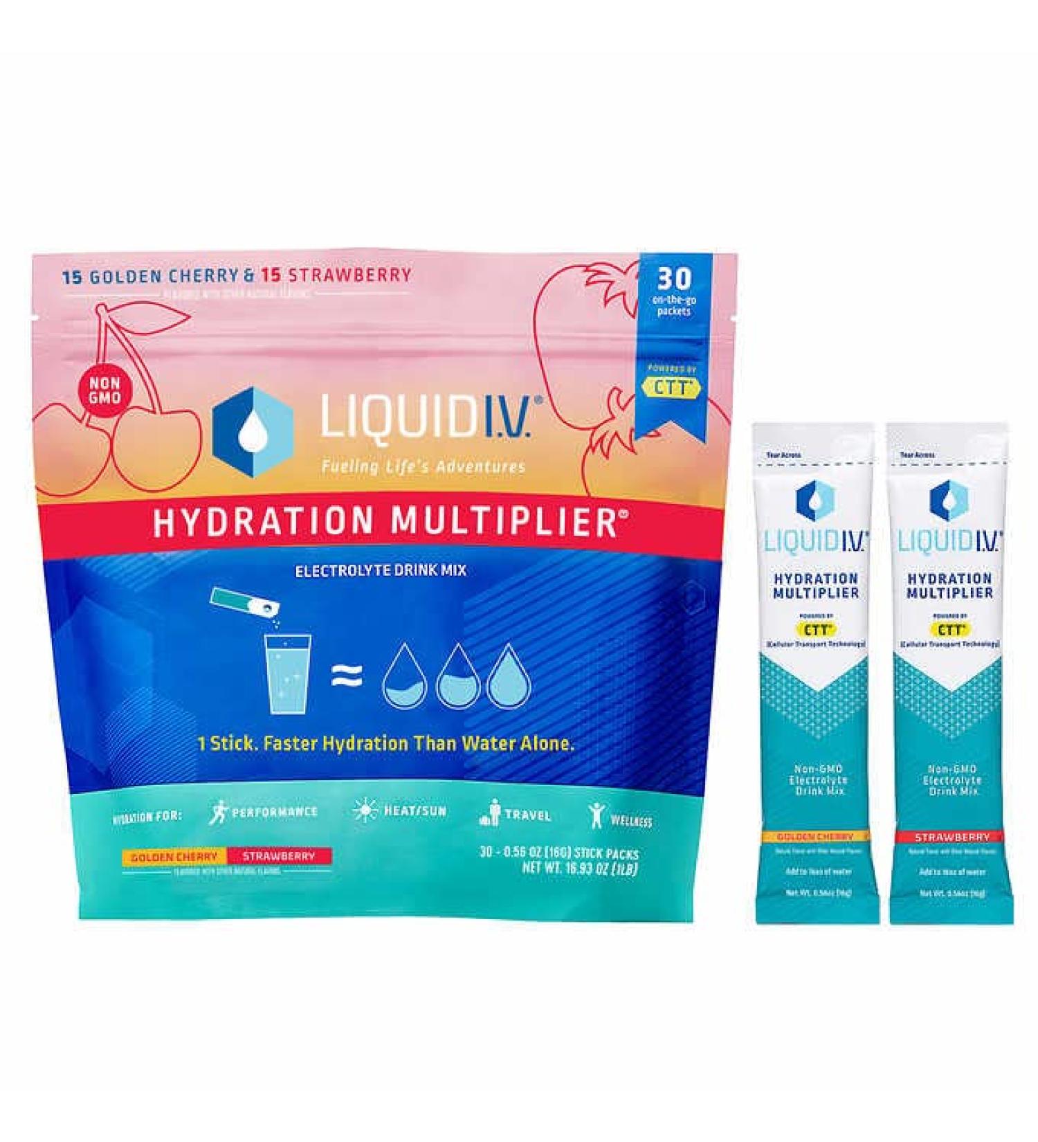 Liquid I.V Hydration Multiplier Drink Mix - 30 Individual Stick Packets - Variety Flavors Golden Cherry and Strawberry - 480 Grams - Buy Online on GoSupps.com