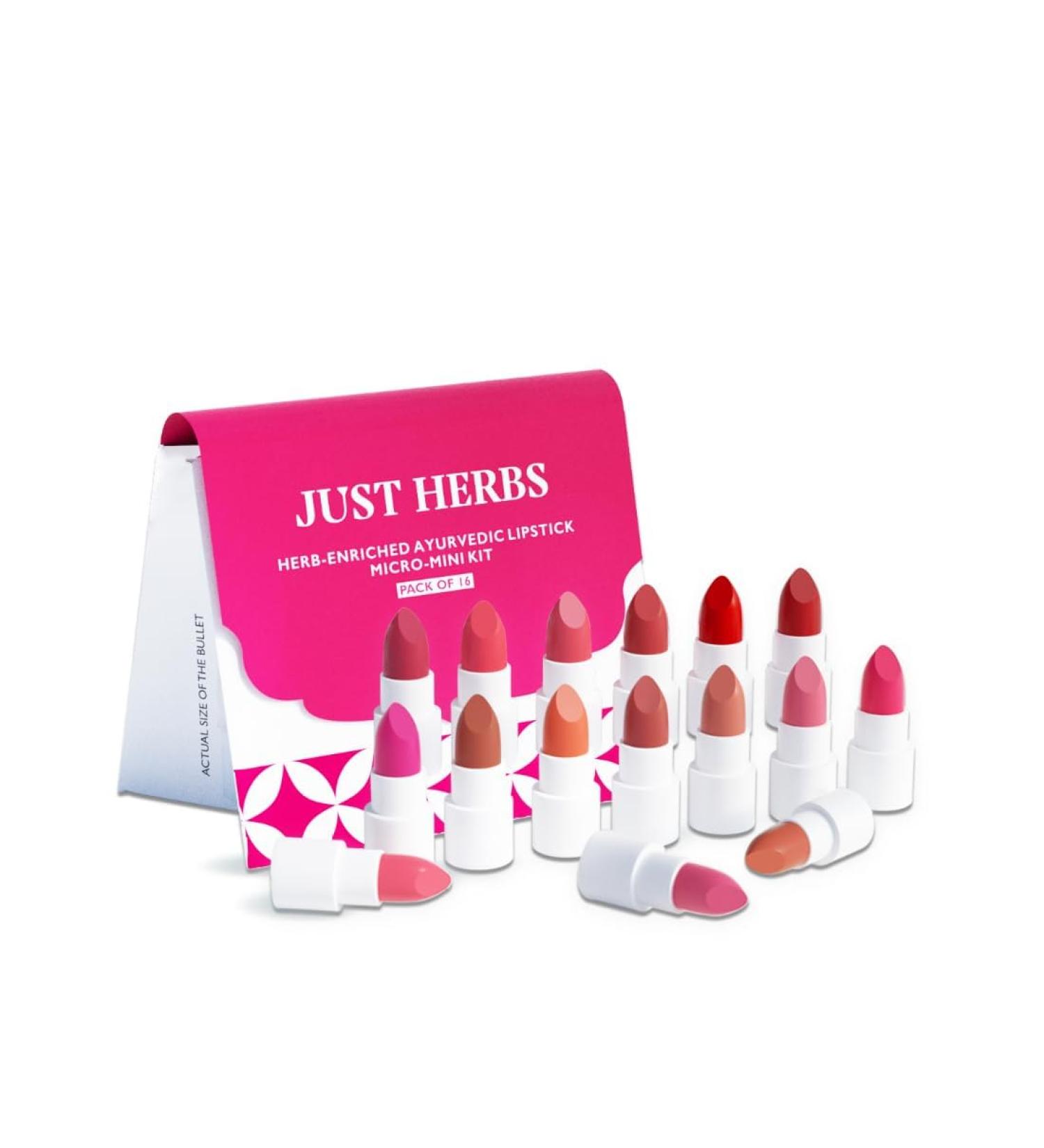 Just Herbs Ayurvedic Creamy Matte Micro Mini Lipstick Kit Lip Hydrating & Moisturizing Lipsticks for Women Suitable All Indian Tones (Pack of 16) - Buy Online on GoSupps.com