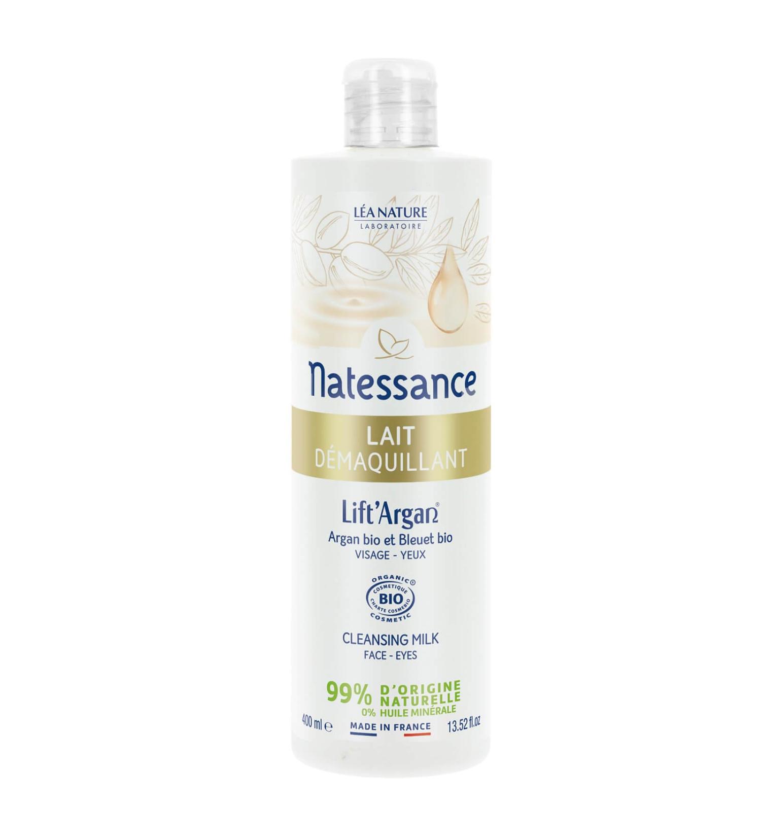 Natessance | Lait D maquillant Lift Argan | limine Maquillage et Impuret s | Huile d Argan Bio | Visage - Yeux | Tous types de peaux | Certifi Bio | 99% d origine naturelle | 400 ml 400 ml (Lot de 1)