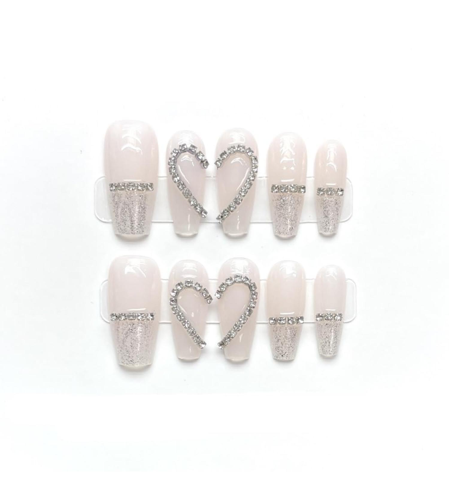 Full Diamond Nail Decoration Dove Bridal Wedding Nail Handmade Wearing Nail Decoration Removable False Nail Patch(Light Pink XS)