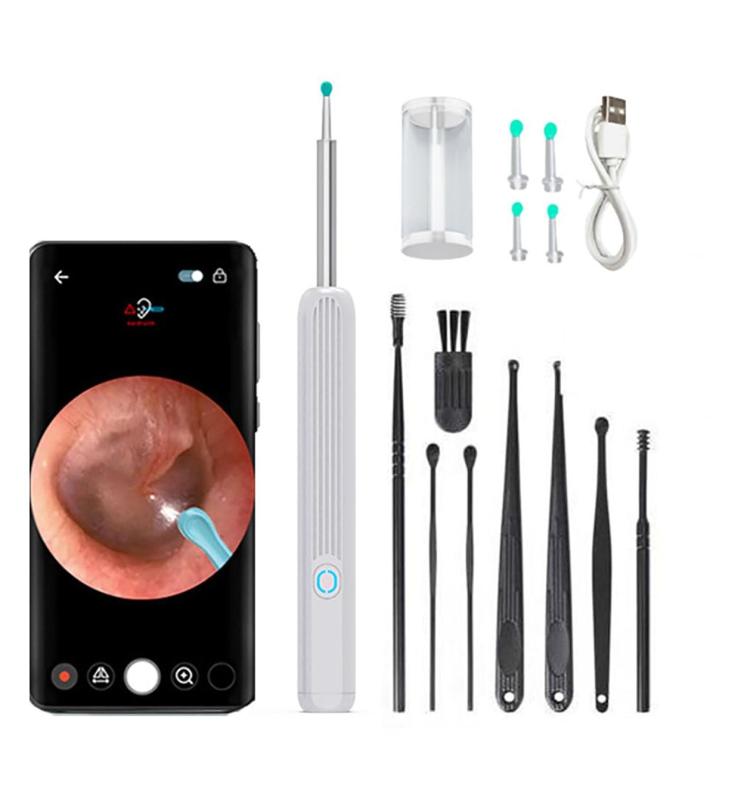 Ear Wax Removal Tool with Camera and Light | Ear Cleaner Kit with 4 Silicone Ear Spoons and 8 Traditional Ear Scoops | 1296P Ear Camera for iOS & Android - White - Buy Online on GoSupps.com