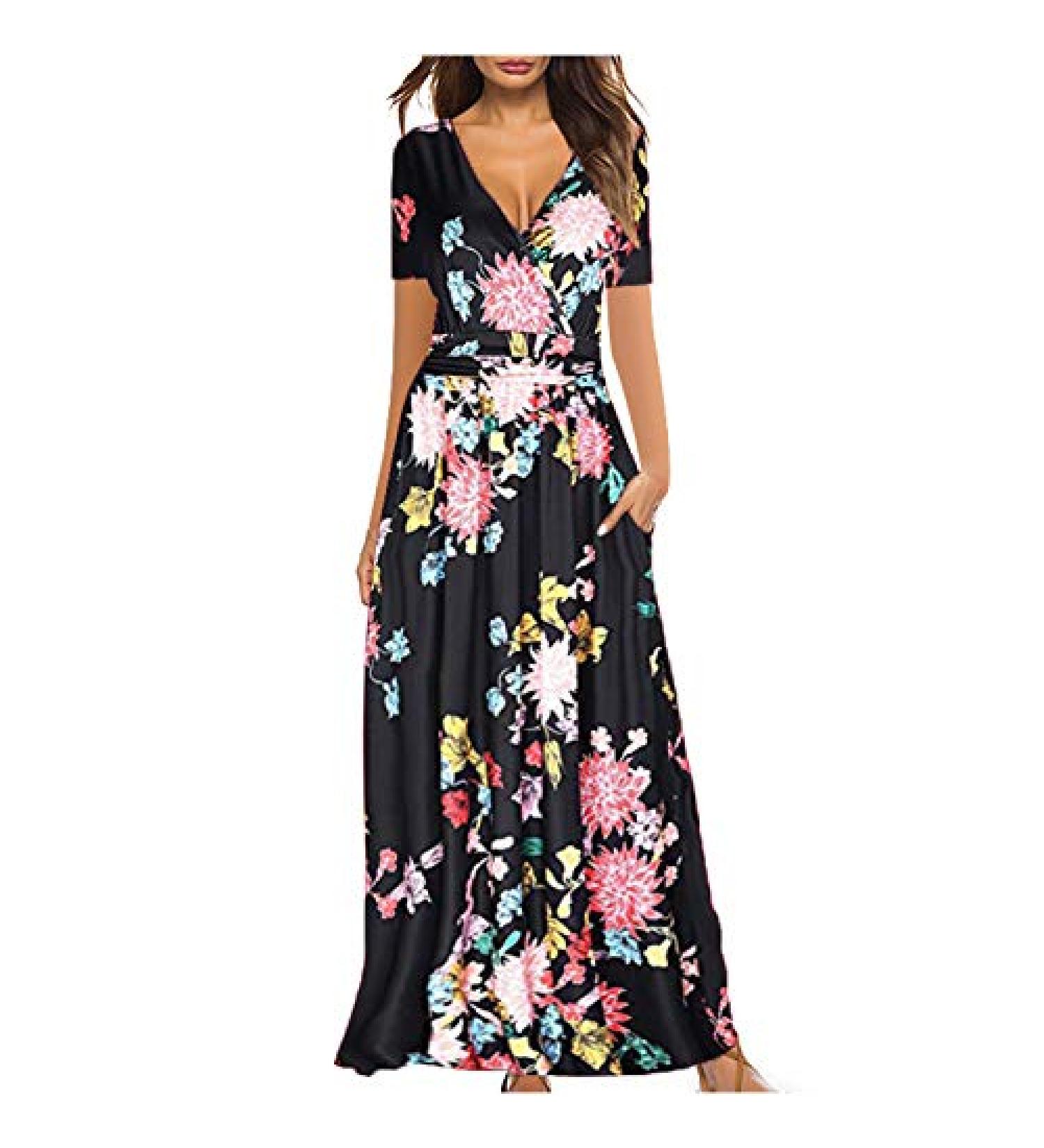 Summer Boho V-Neck Sunflower Maxi Dress - Black | Modedress Women's Short Sleeve Swing Dress - Buy Online on GoSupps.com