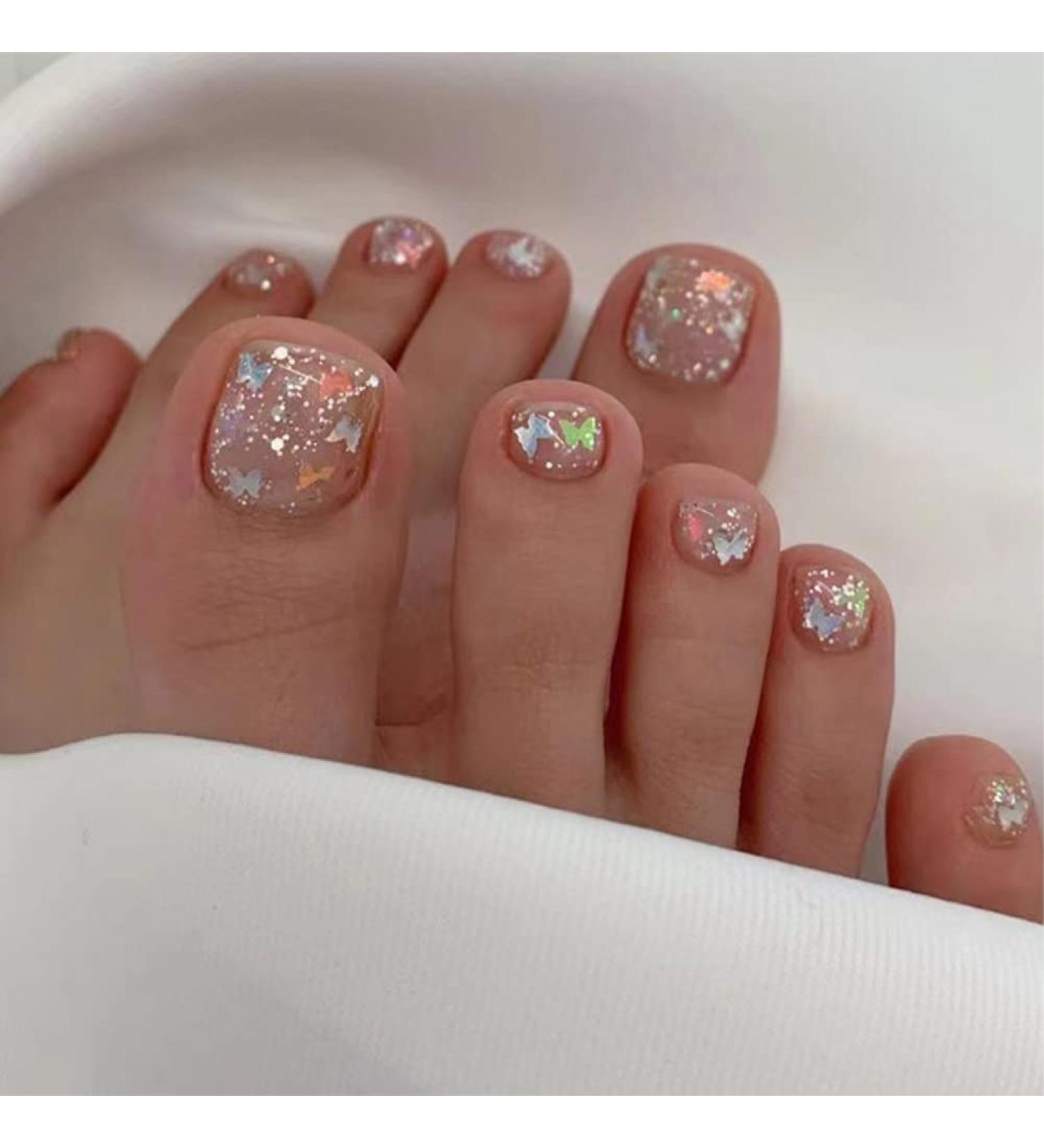 Silver Glitter Butterfly Sequins Toe Nail Press Ons - 24PCS Short Square Fake Toenails for Women | Summer Manicure Glossy Design - Style 13 - Buy Online on GoSupps.com