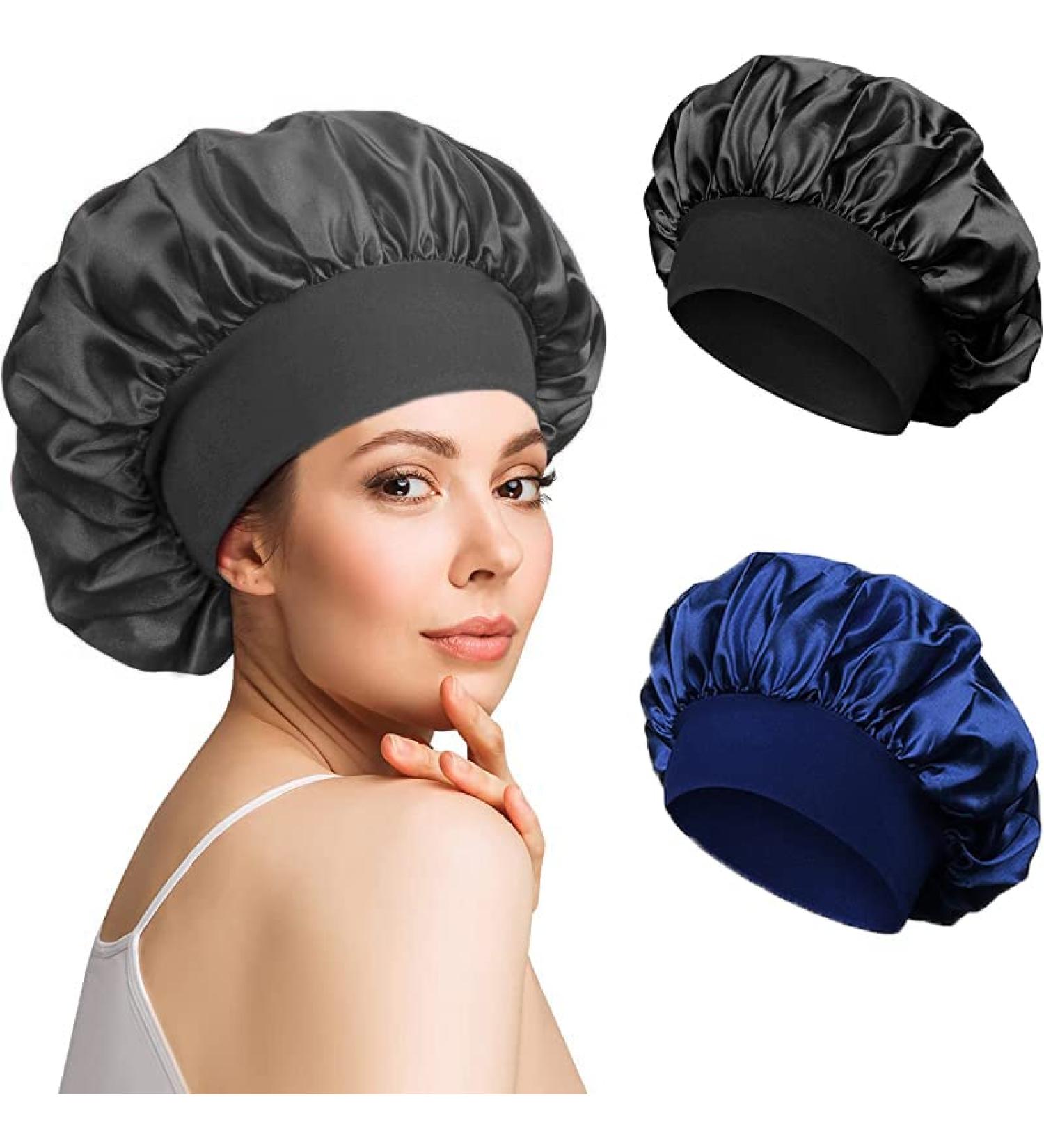 2 Pack Silk Wide Band Satin Bonnet for Sleeping - Black & Navy Blue | Protect Hair, Soft Elastic Band | Ideal for Black Women, Kids, Curly Hair - Buy Online on GoSupps.com
