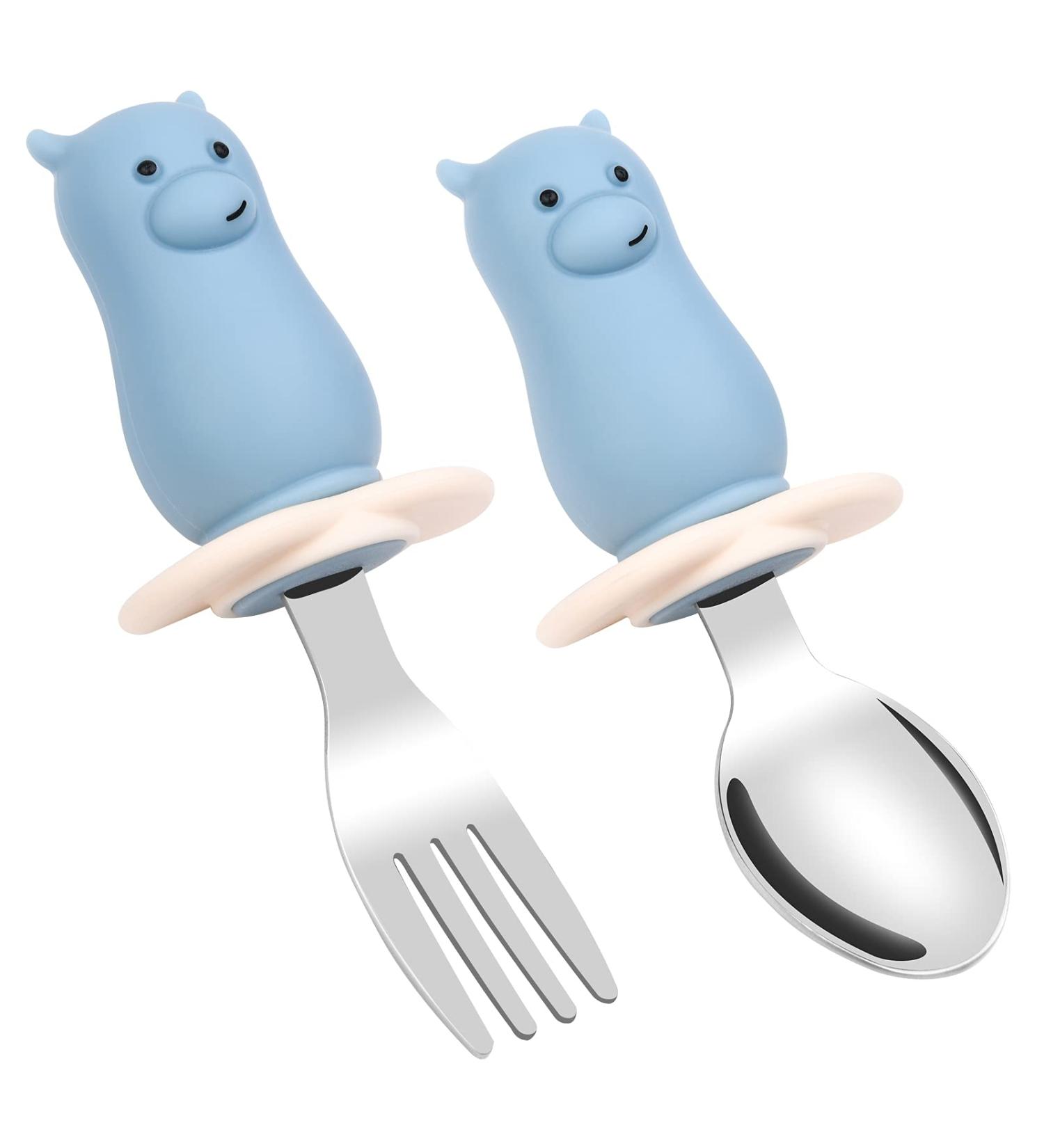 Vicloon Baby Fork and Spoon Set - 2PCS Silicone Stainless Steel Cutlery for Children | Ergonomic Design for Self-Feeding | Short Handle Training Tableware (Hippo) - Buy Online on GoSupps.com