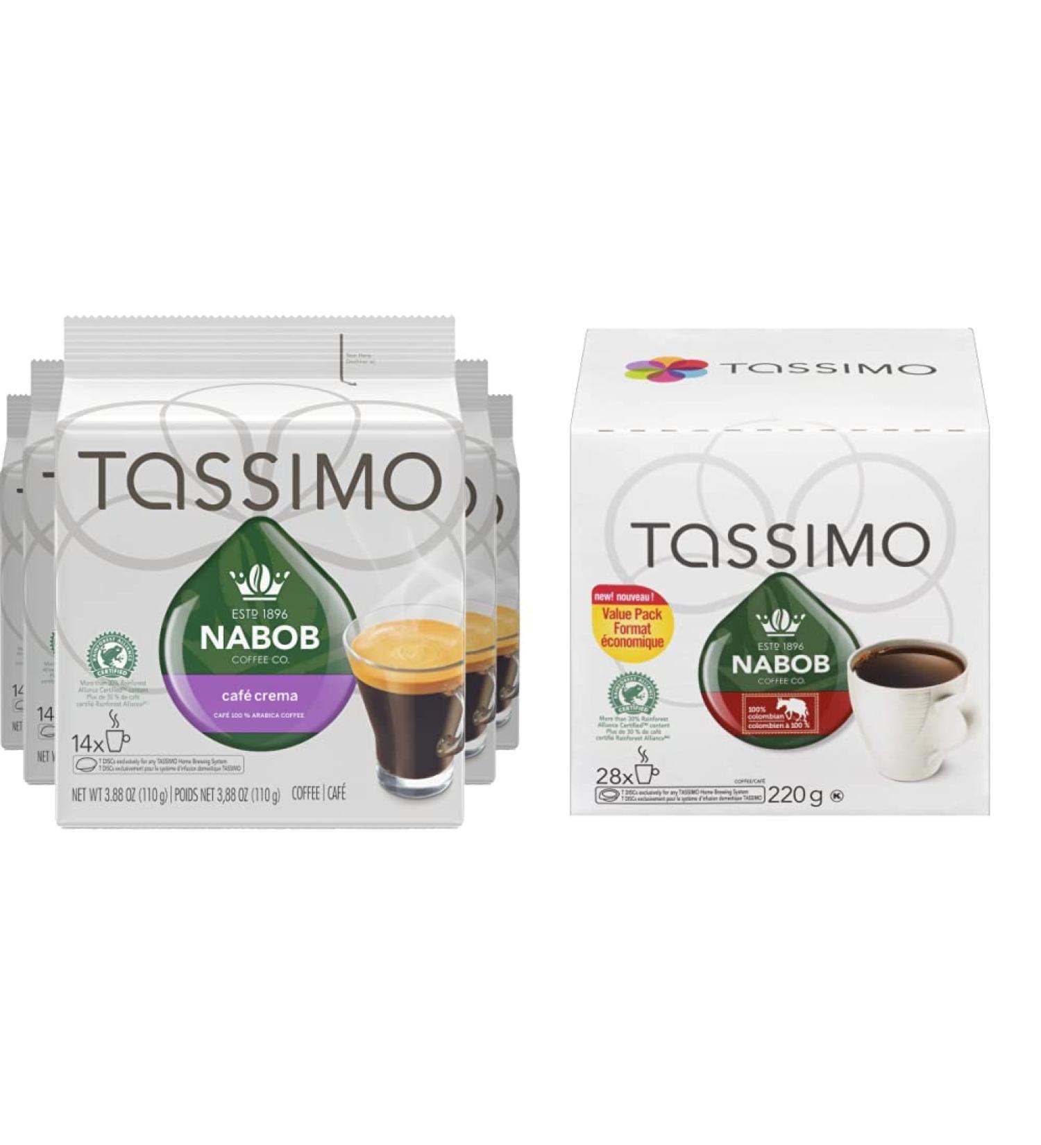 Tassimo Nabob Caf Crema Coffee Single Serve T-Discs 110g (5 Boxes of 14 T-Discs) & Nabob 100% Colombian Coffee Single Serve T-Discs 220g (28 T-Discs) Coffee + Coffee 14 Count (Pack of 2) Caf 14 Count (Pack of 5) - Buy Online on GoSupps.com