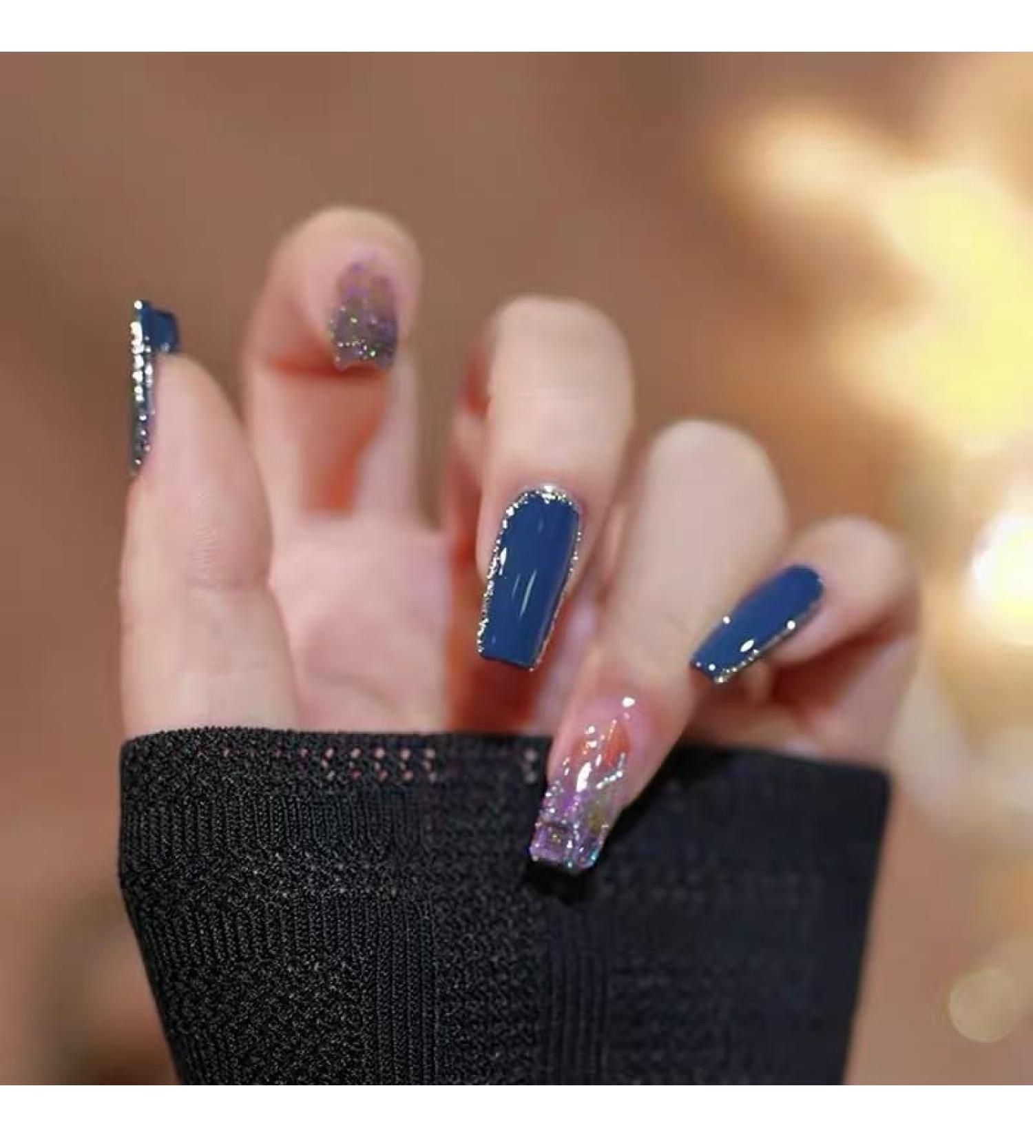 24Pcs/Set Press On Nails Haze Blue Glass Broken Diamond Long Style False Nails Acrylic Fake Nails Full Cover Nails Tips Artificial Finger Manicure Press on nails for Women and Girls - Buy Online on GoSupps.com