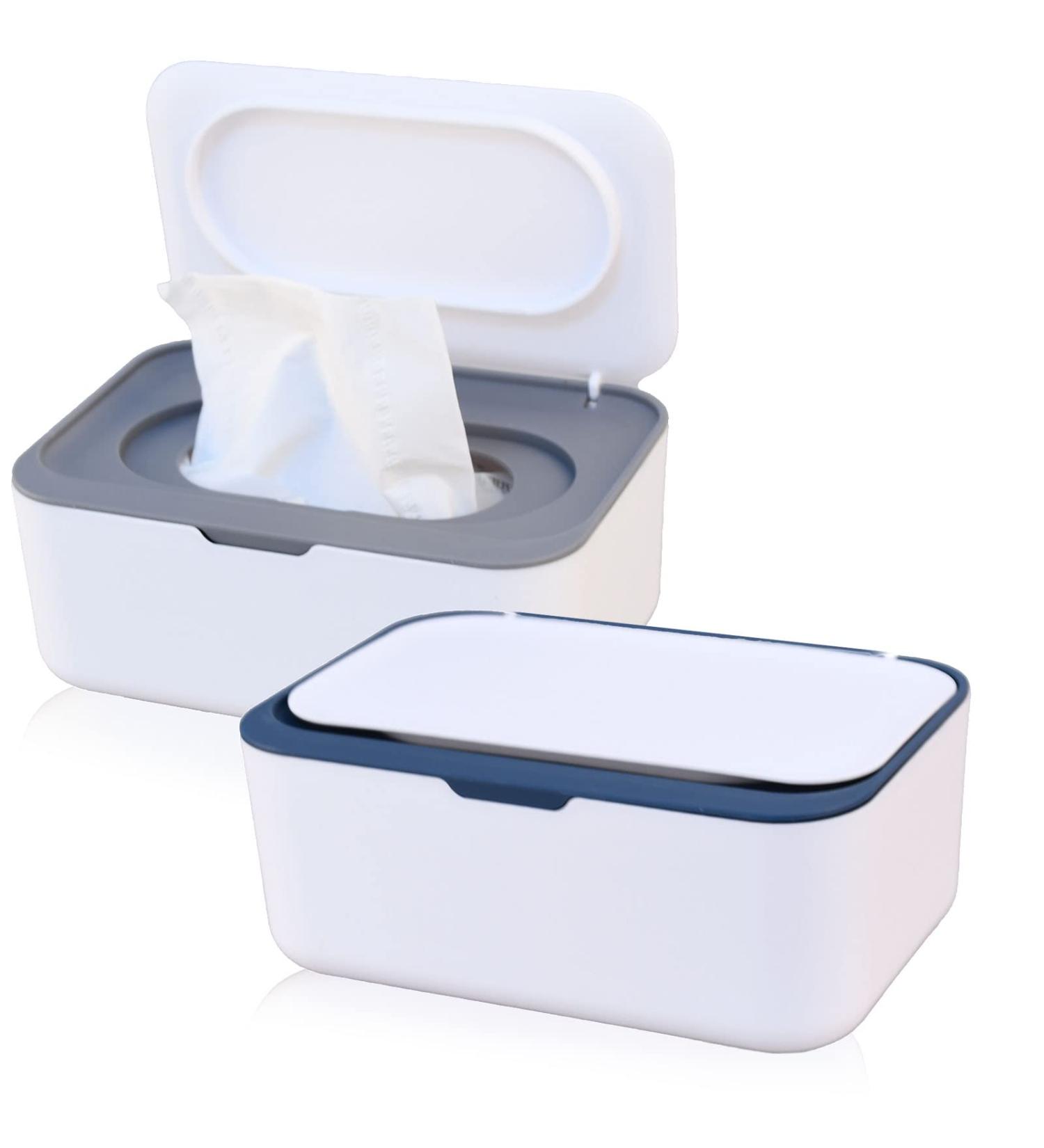 2 Pack Baby Wipes Dispenser with Lids - Refillable Wipe Holder for Bathroom & Travel - Keeps Wipes Fresh - Grey & Blue - Buy Online on GoSupps.com