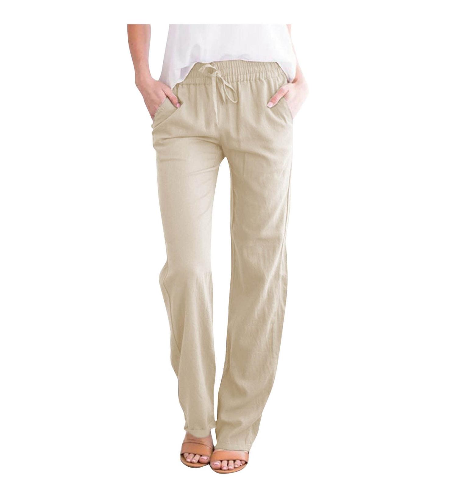 Casual Summer Cotton Linen Pants for Women - Drawstring Elastic Waist Trousers in Medium Beige - Buy Online on GoSupps.com