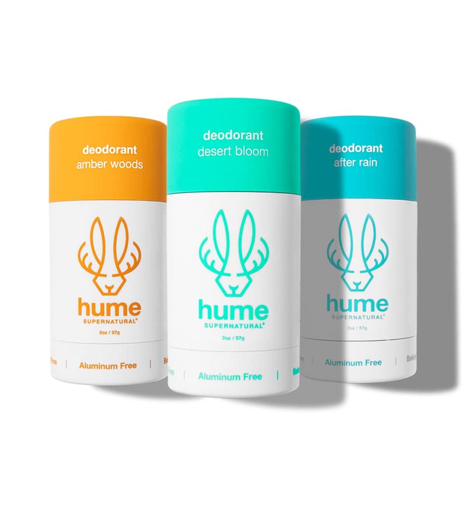 Hume Supernatural Aluminum Free Deodorant for Women & Men - Probiotic and Plant-Based Long-Lasting Moisture Absorbing - Clean and Effective (Desert Bloom Amber Woods & After Rain) - Buy Online on GoSupps.com