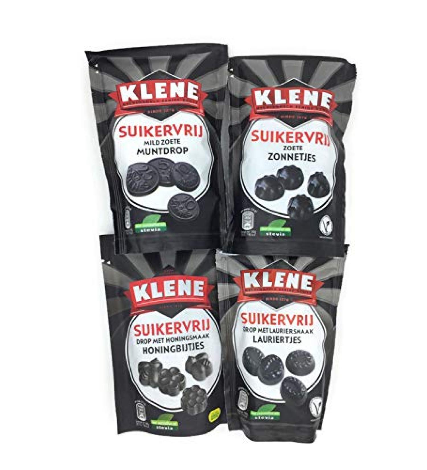 Klene Sugar Free Dutch Licorice Variety Pack of 4 - 1 Muntdrop (Coin) 105g 1 Lauriertjes (Laurels) 105g 1 Zonnetjes (Suns) and 1 Honingbijtjes (Honey Bees) 105g