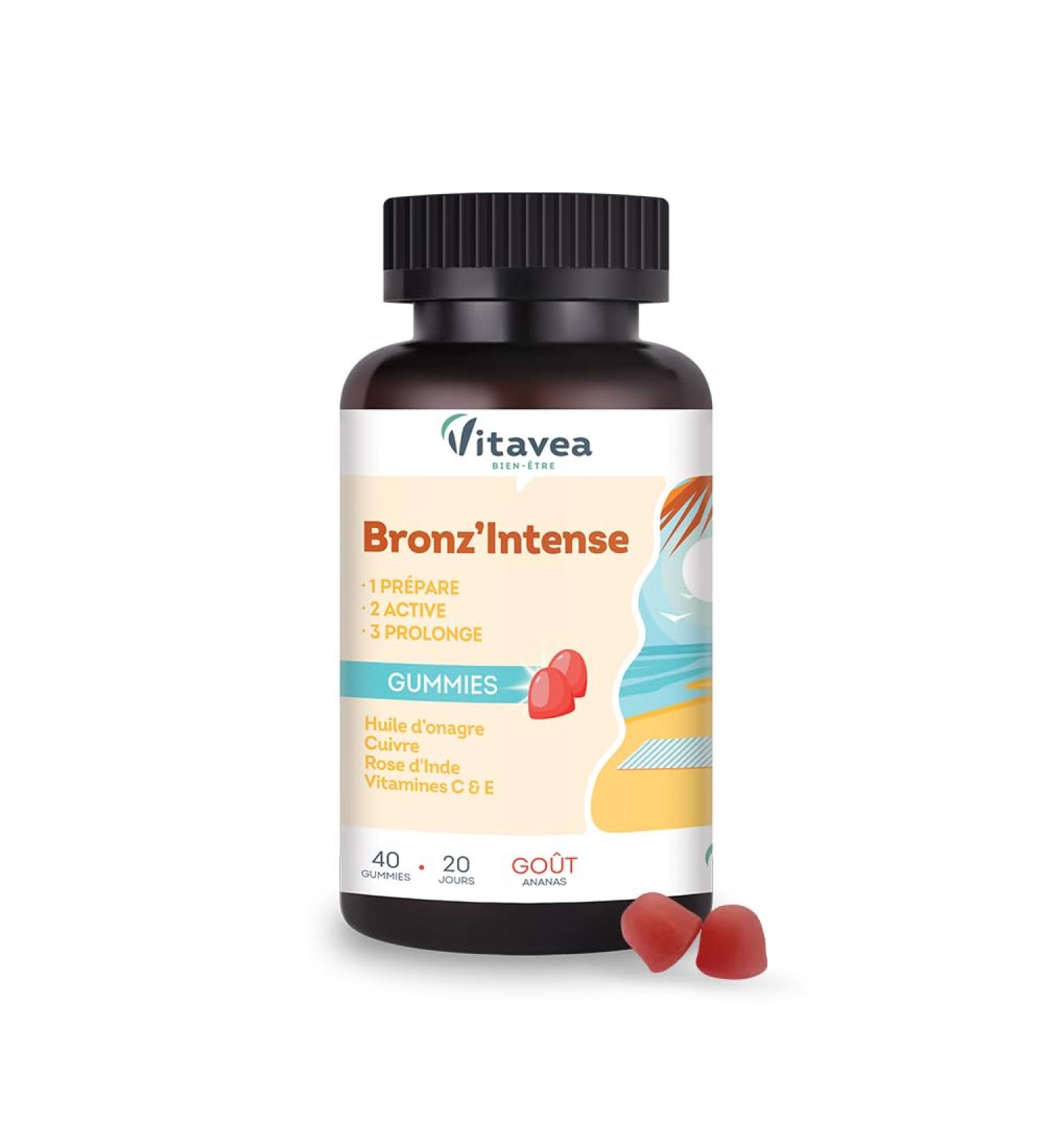 Vitavea - Bronz'Intense Solar Gummies Bronz'Intense Food Supplement Prepare Active Prolonging Tinted Complexion Evening Primrose Copper Indian Rose Vitamins C & E 40 Gummies Vegan - Buy Online on GoSupps.com