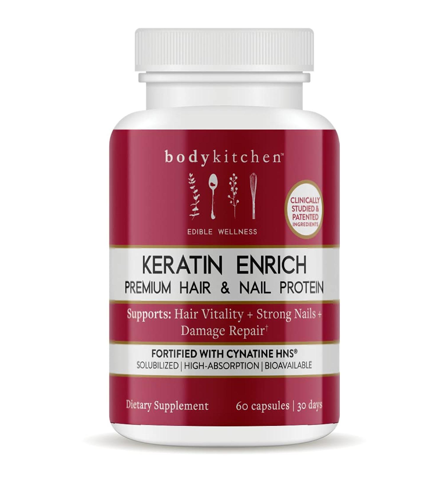 Body Kitchen Keratin Enrich Hair Nutrition Supplement - 60 Veggie Caps - 500mg Keratin, Biotin, and Resveratrol - Promotes Thicker Hair, Stronger Nails, and Hair Growth - Buy Online on GoSupps.com