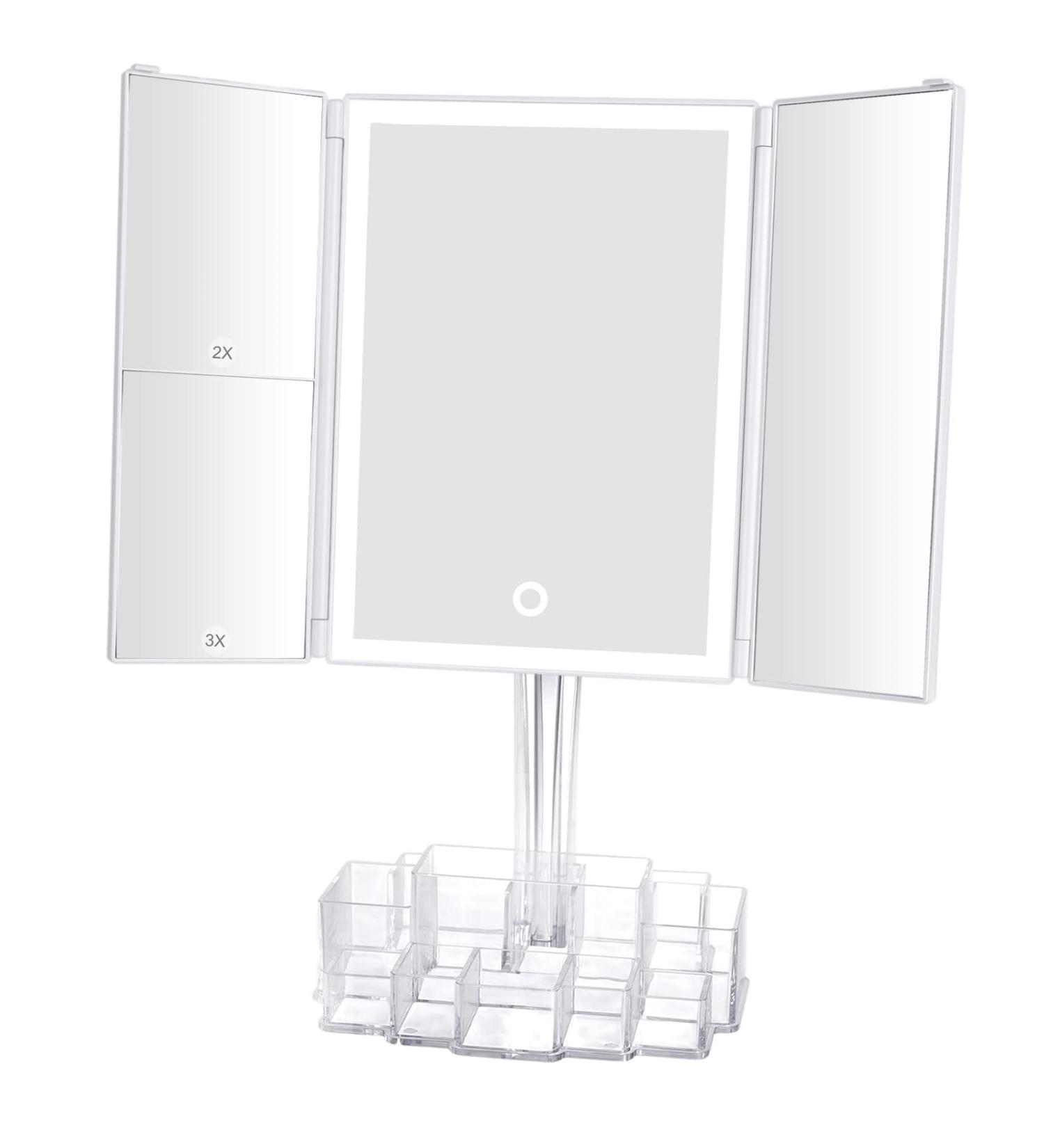 ProYankiot Trifold Makeup Mirror with Lights and Storage - 38 LED Lights, Touch Screen, 3X/2X/1X Magnification, 90 Degree Rotation - White - Buy Online on GoSupps.com