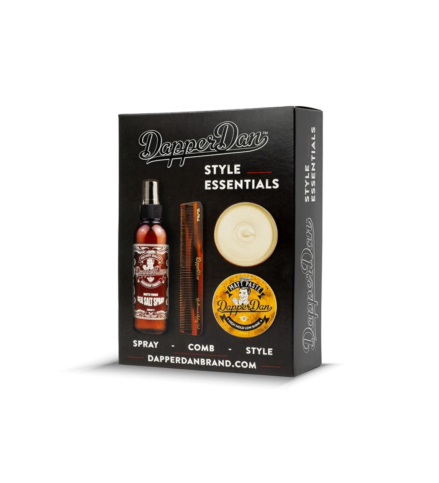 Dapper Dan Style Essentials Gift Pack with High Hold Low Shine Matt Paste 100ml Texturising Sea Salt Spray 200ml and Hand Made Styling Comb - Buy Online on GoSupps.com