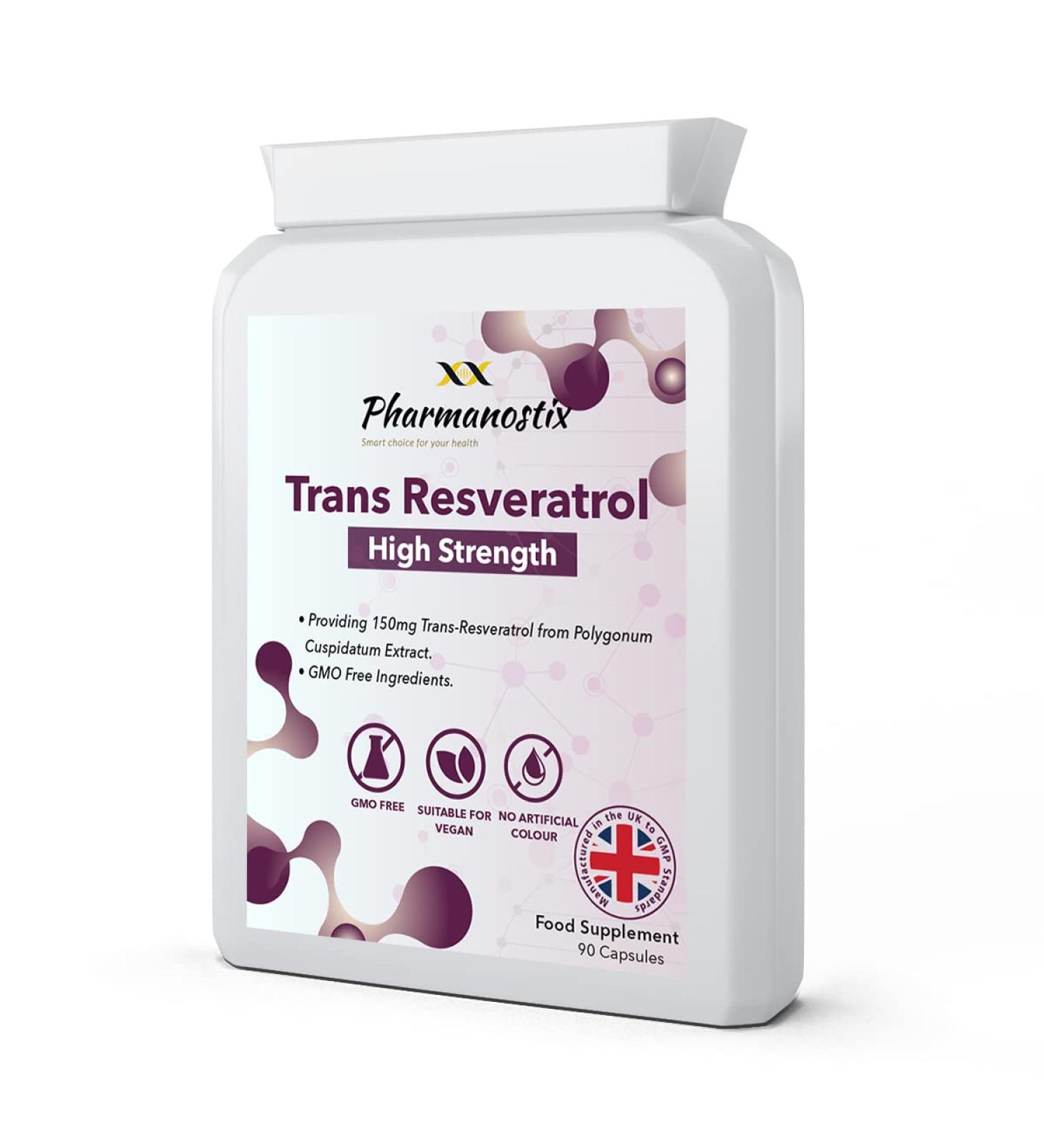 Trans Resveratrol Supplement 150mg - 90 Vegan Easy Swallow Daily Capsules - 3 Month Supply - Providing Trans-Resveratrol from Polygonum Cuspidatum Extract (Japanese Knotweed) - UK Manufactured to GMP