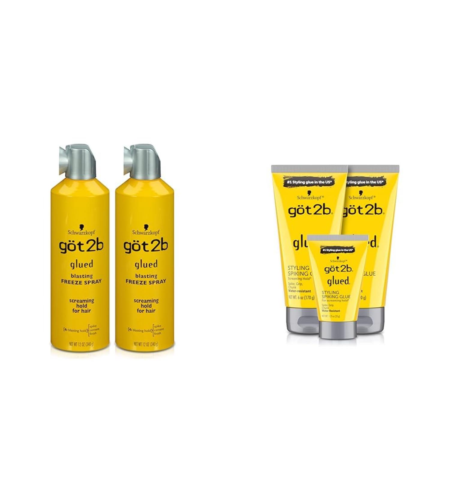 Got2B Glued Blasting Freeze Hairspray 12 oz Pack of 2 & Glued Styling Spiking Hair Gel 2-6oz tubes + 1 Travel 1.25oz tube Blasting Freeze Spray 12 Fl Oz (Pack of 2) Hairspray + Hair Gel 2 - 6oz - Buy Online on GoSupps.com