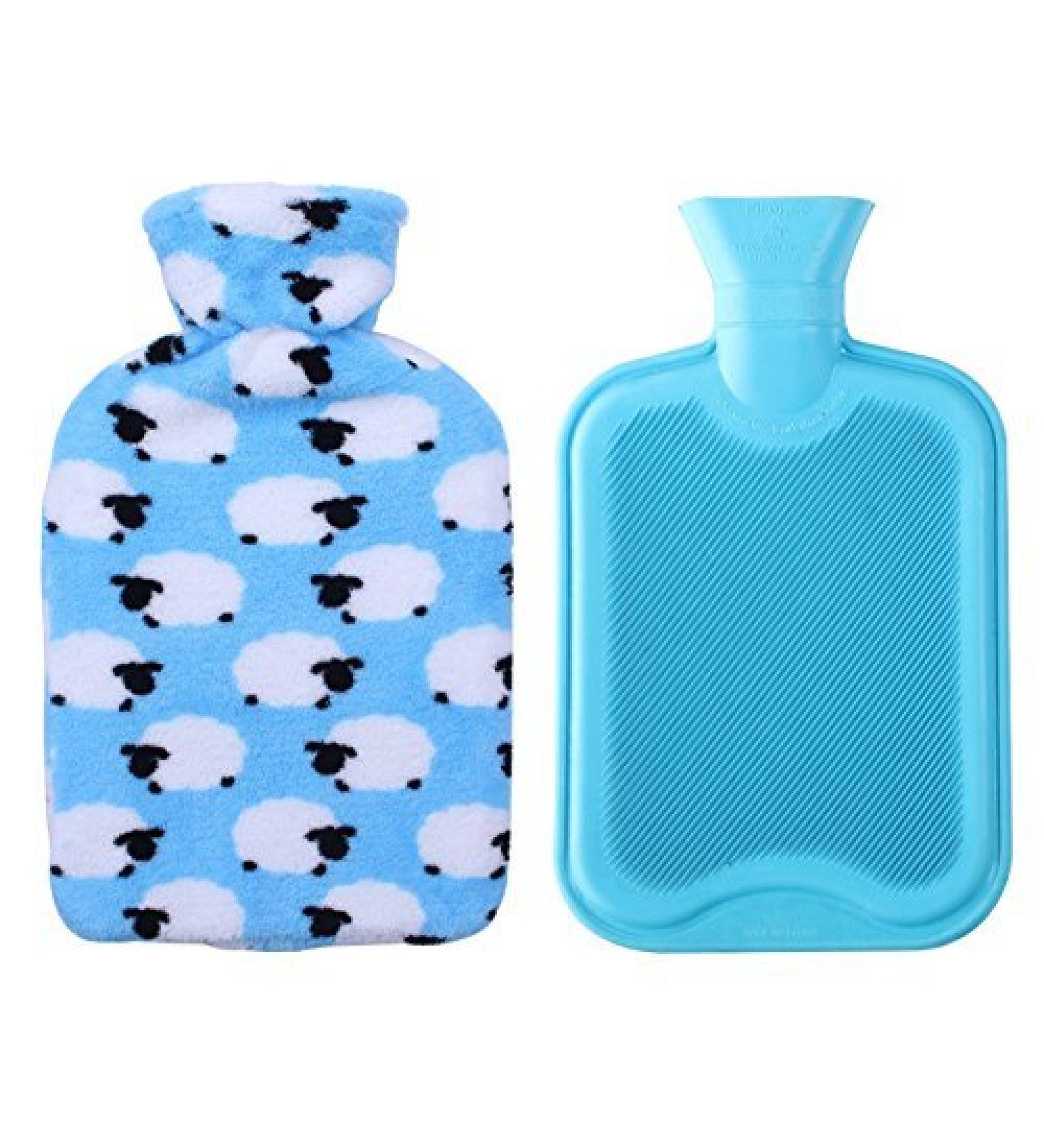 HomeTop Premium Classic Rubber Hot or Cold Water Bottle with Soft Fleece Cover (2 Liters, Blue/Blue Sheep) Blue 67.63 Fl Oz (Pack of 1)