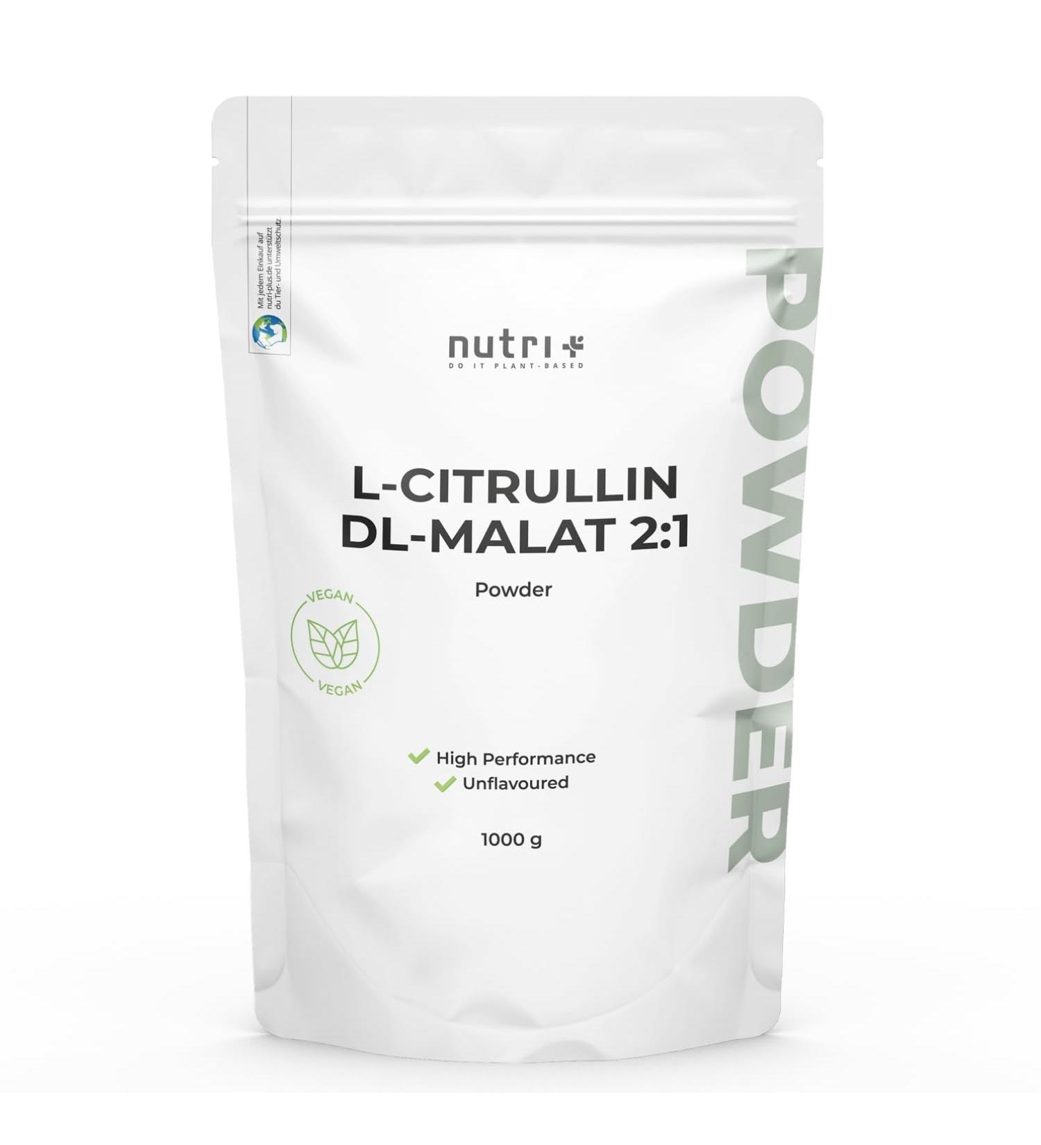 Nutri+ L-Citrulline Malate Powder 1 kg Highly Dosed + Vegan + Pure Bodybuilding Booster + Fitness L-Citrulline Malate DL 2:1 Powder Premium Quality from Vegetable Fermentation - Buy Online on GoSupps.com
