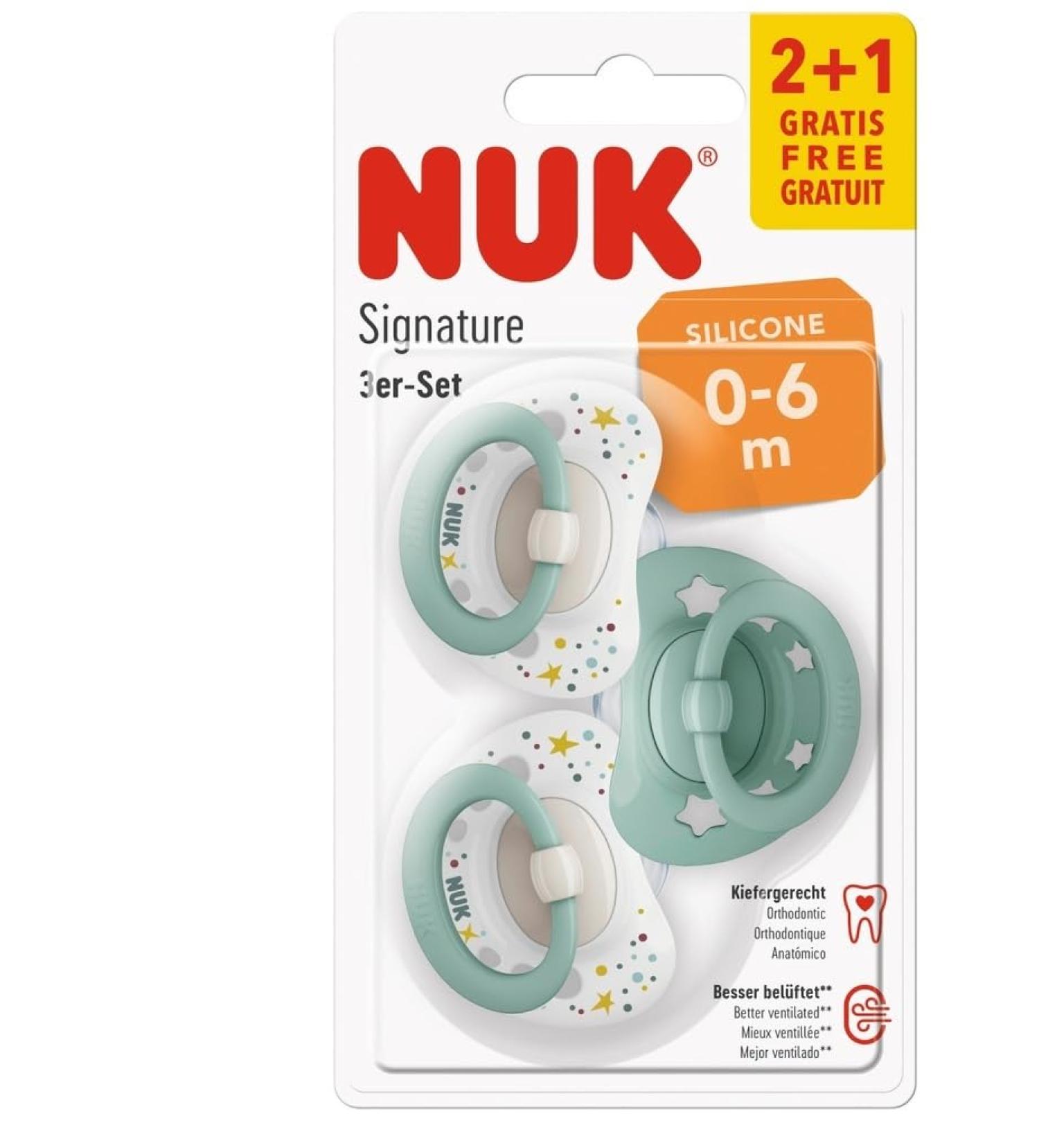 NUK Signature pacifier | BPA-free silicone pacifier | 0-6 months | Stars green | Pack of 3