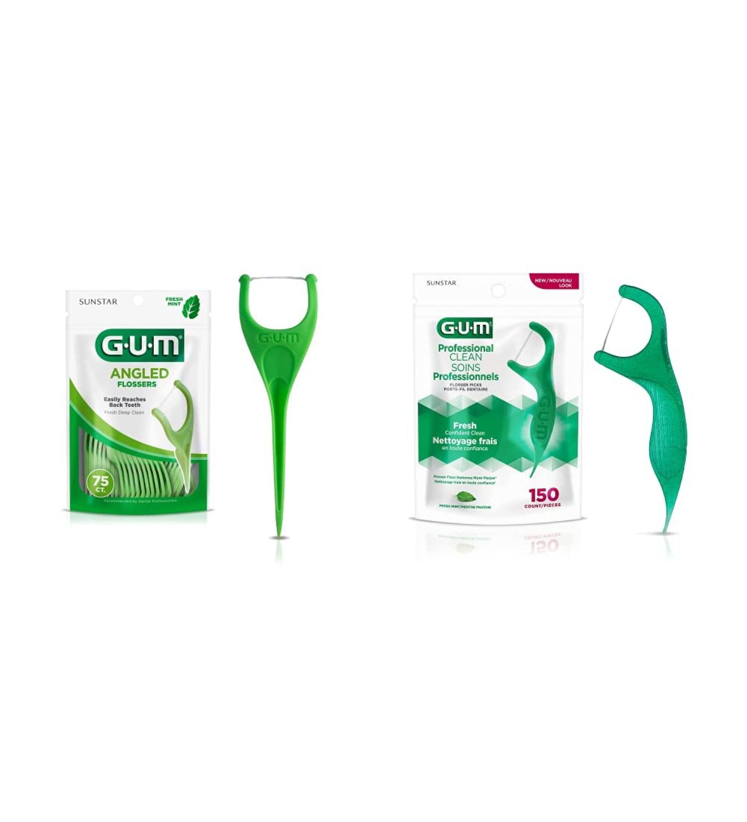 GUM Fresh Mint Flossers Pack of 4 - 898R4 Angled & 889DD Professional Clean Flossers 150 Count - Extra Strong Flosser Pick - 300 Flossers Total - Buy Online on GoSupps.com