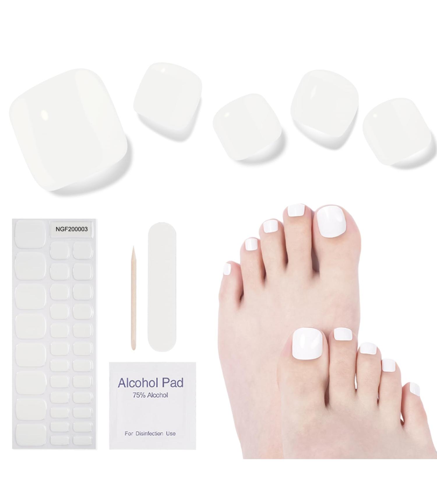 Buy Semi Cured Gel Pedicure Strips - 32 Solid Color Toenail Stickers | Snow White Full Nail Wraps for Women Girls & Kids - Includes Prep Pads Nail File & Wooden Stick - Buy Online on GoSupps.com