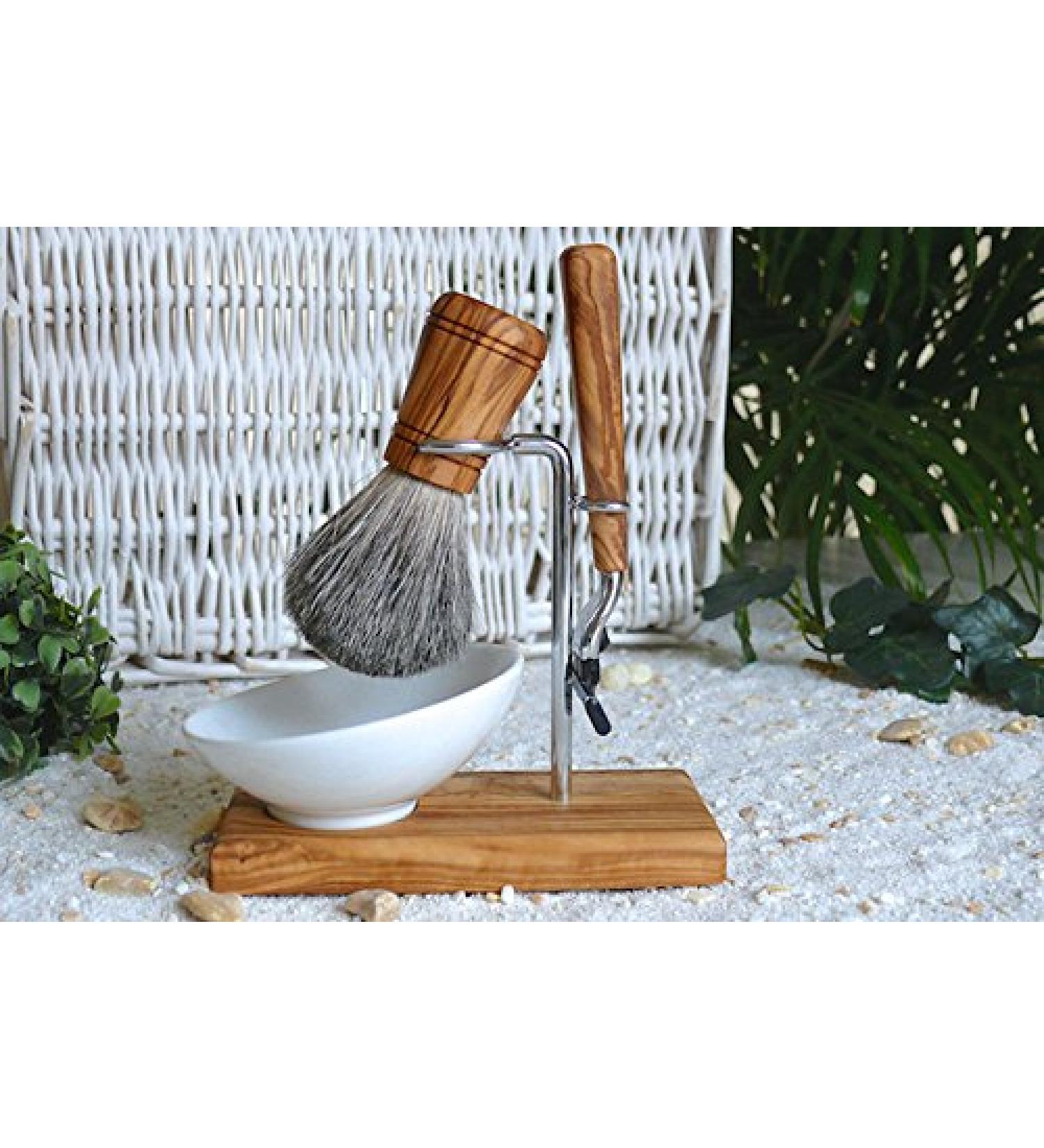 DOM shaving brush set/razor holder CLASSIC PLUS 4-piece made of olive wood with porcelain bowl oval 10 cm M3