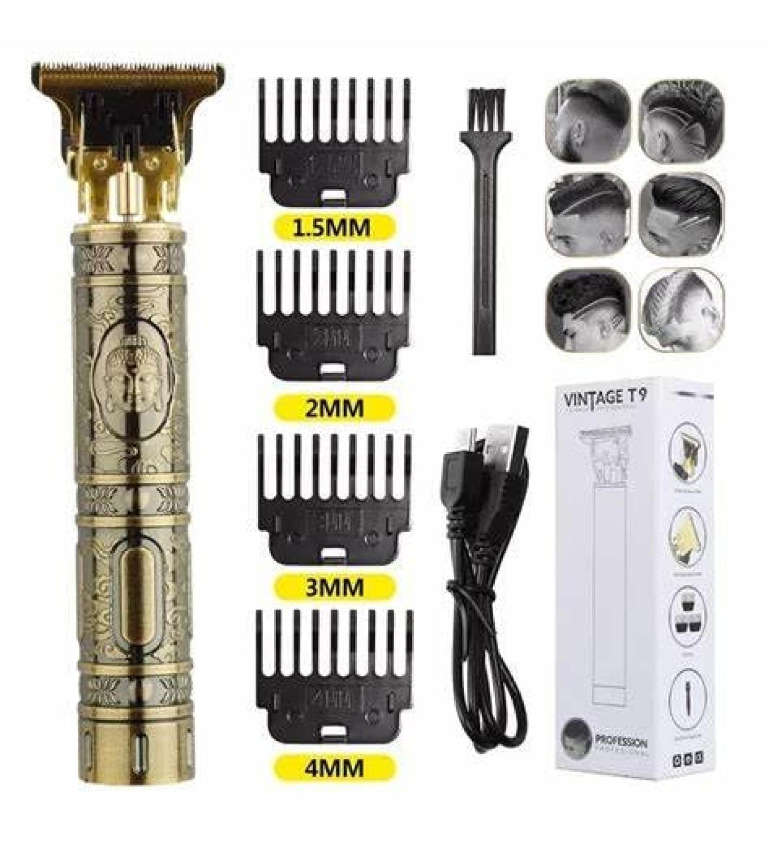 T9 Professional Hair Clippers - Vintage Black/Gold Trimmer with 4 Stainless Steel Blades & USB Charging - Buy Internationally - Buy Online on GoSupps.com