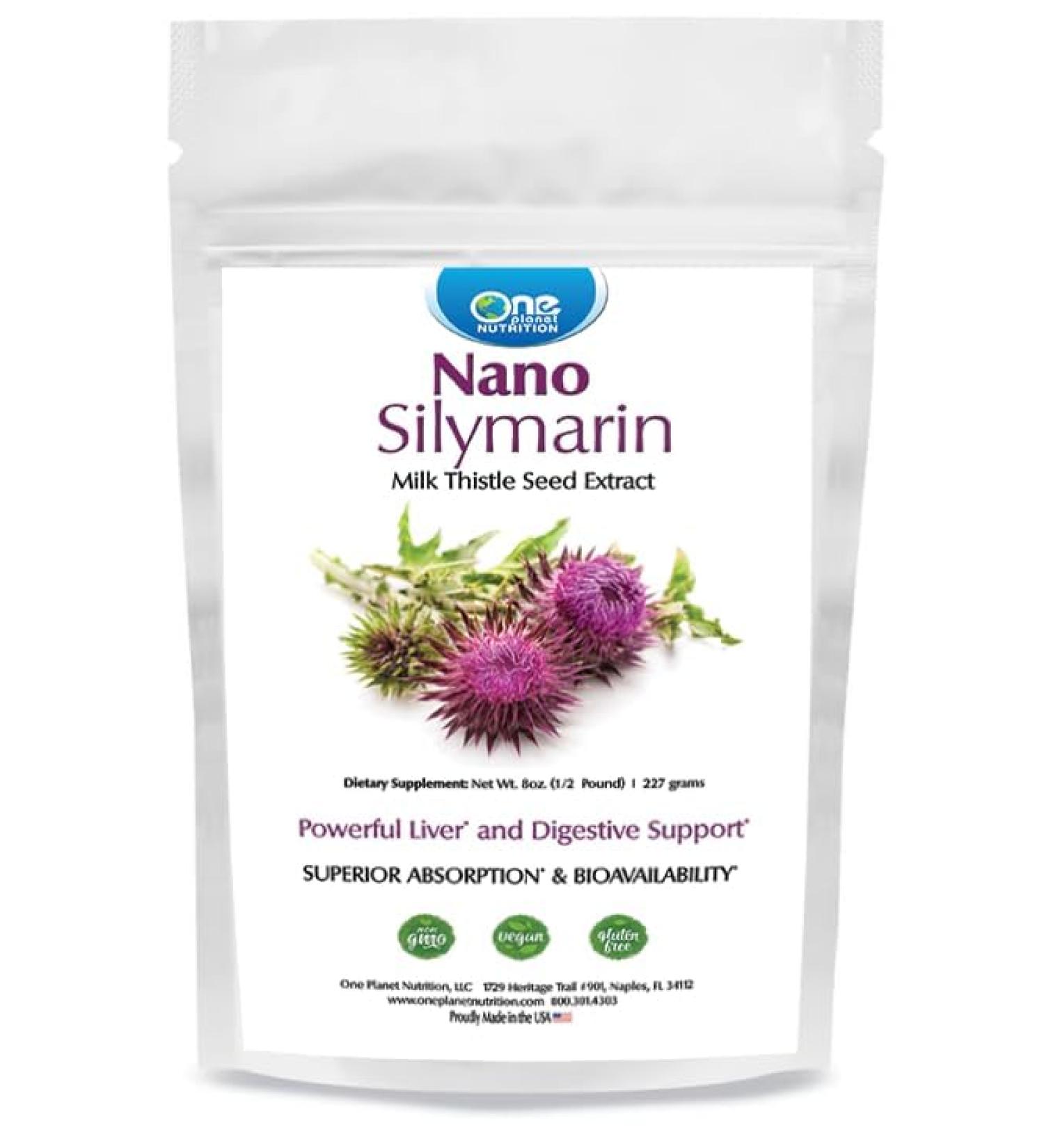 One Planet Nutrition Nano Silymarin Powder 8 oz (227 Servings) - Nano-Particle Size Milk Thistle Seed Extract - Supports Overall Wellness - Non-GMO Vegan Gluten Free