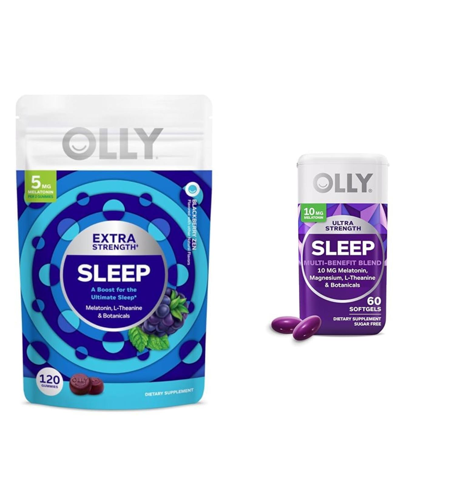 OLLY Melatonin Sleep Gummies and Softgels Bundle with Chamomile Lemon Balm 120 Count Gummies 60 Count 10mg Melatonin Softgels