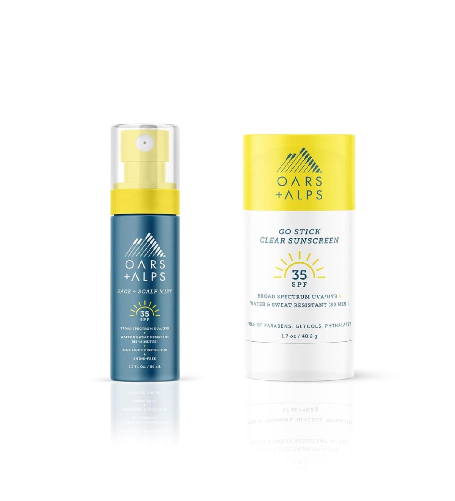 Oars + Alps Face and Scalp Mist SPF 35 Sunscreen + Go Stick Clear SPF 35 Face Sunscreen Set Protects from Blue Light Summer Splash Scent Water and Sweat Resistant 2 Piece Bundle