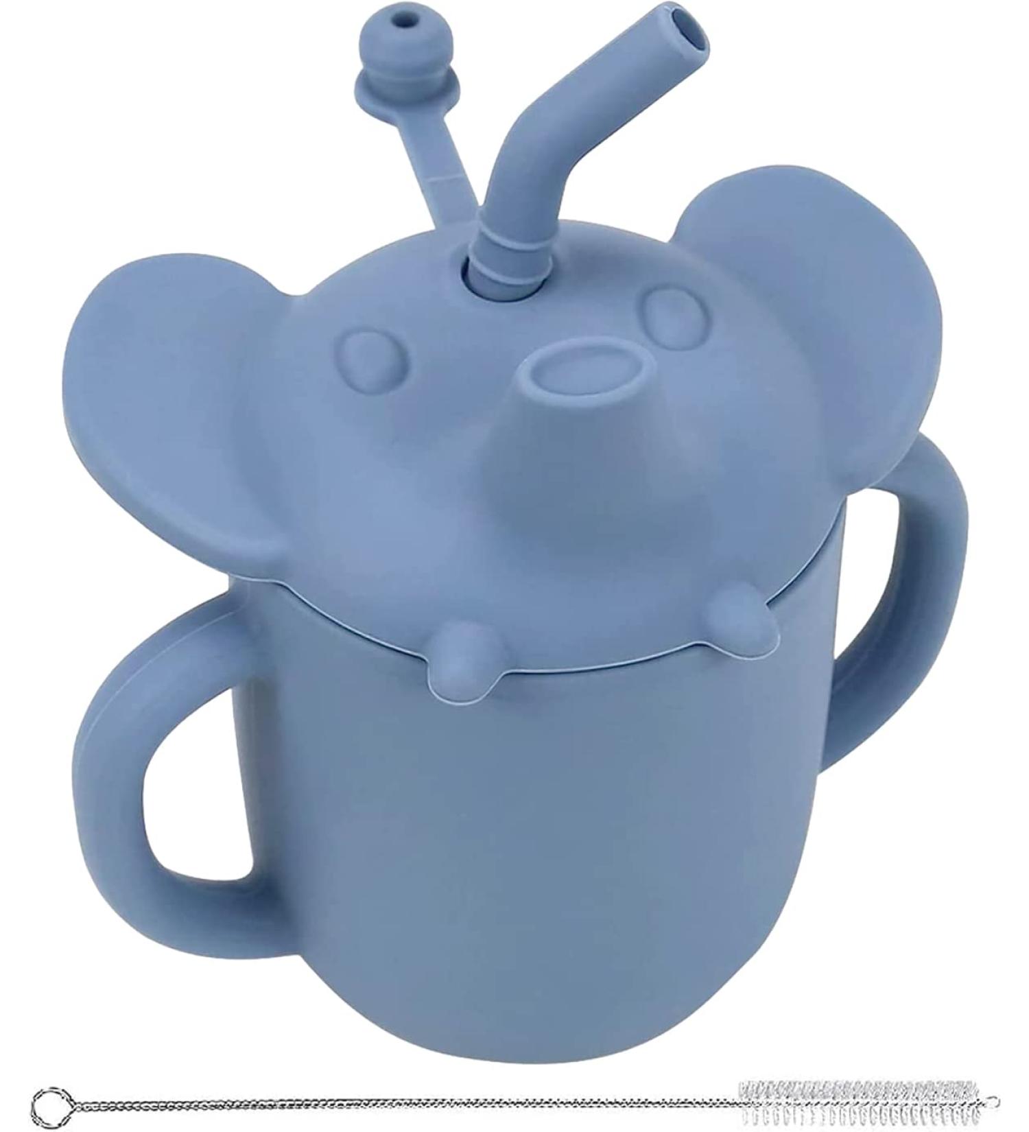 Elephant Silicone Sippy Cup | Transition Straw Cup for Babies 6m+ | 3-in-1 Training Cup with Cleaning Brush | BPA Free | Microwave & Dishwasher Safe | 7oz Bluestone - Buy Online on GoSupps.com