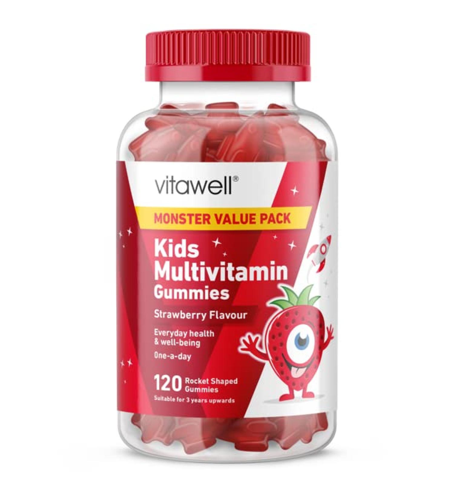 Vitawell Kids Multivitamin Gummies | 120 Strawberry Flavour Gummies | Monster Pack | 2 Months Supply | Two a Day Chewable Kids Multivitamin | 9 Essential Children s Vitamins | by Vitawell - Buy Online on GoSupps.com