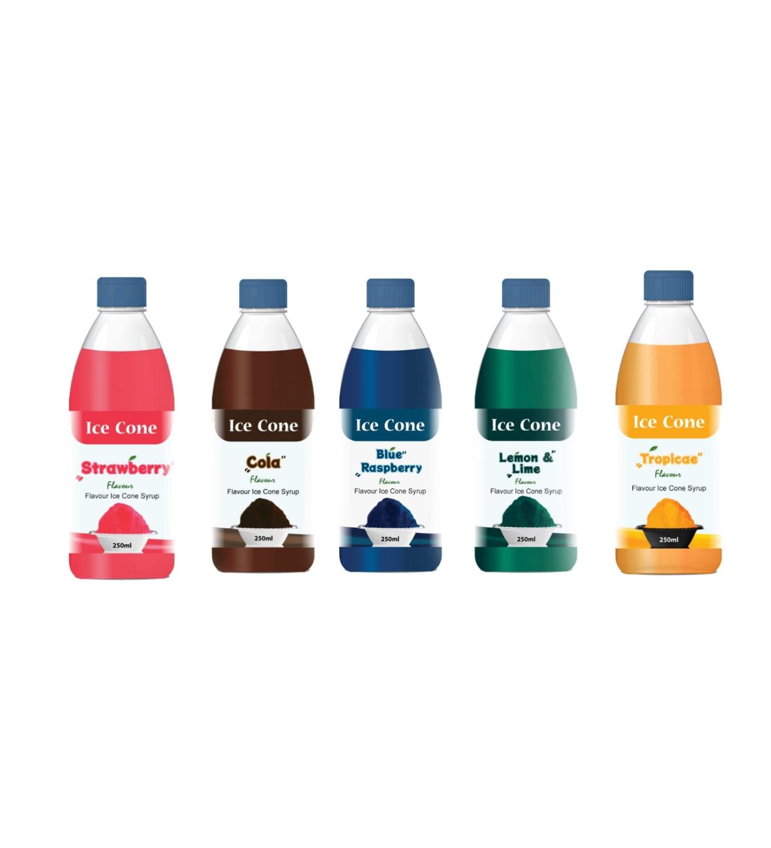 Syrup for Ice Cone Mixed Popular Flavour Syrups can be used with All Slush| Slushie Machines Strawberry cola Blue raspberry lemon & lime Tropical Each 250 ml (Pack of 5) - Buy Online on GoSupps.com