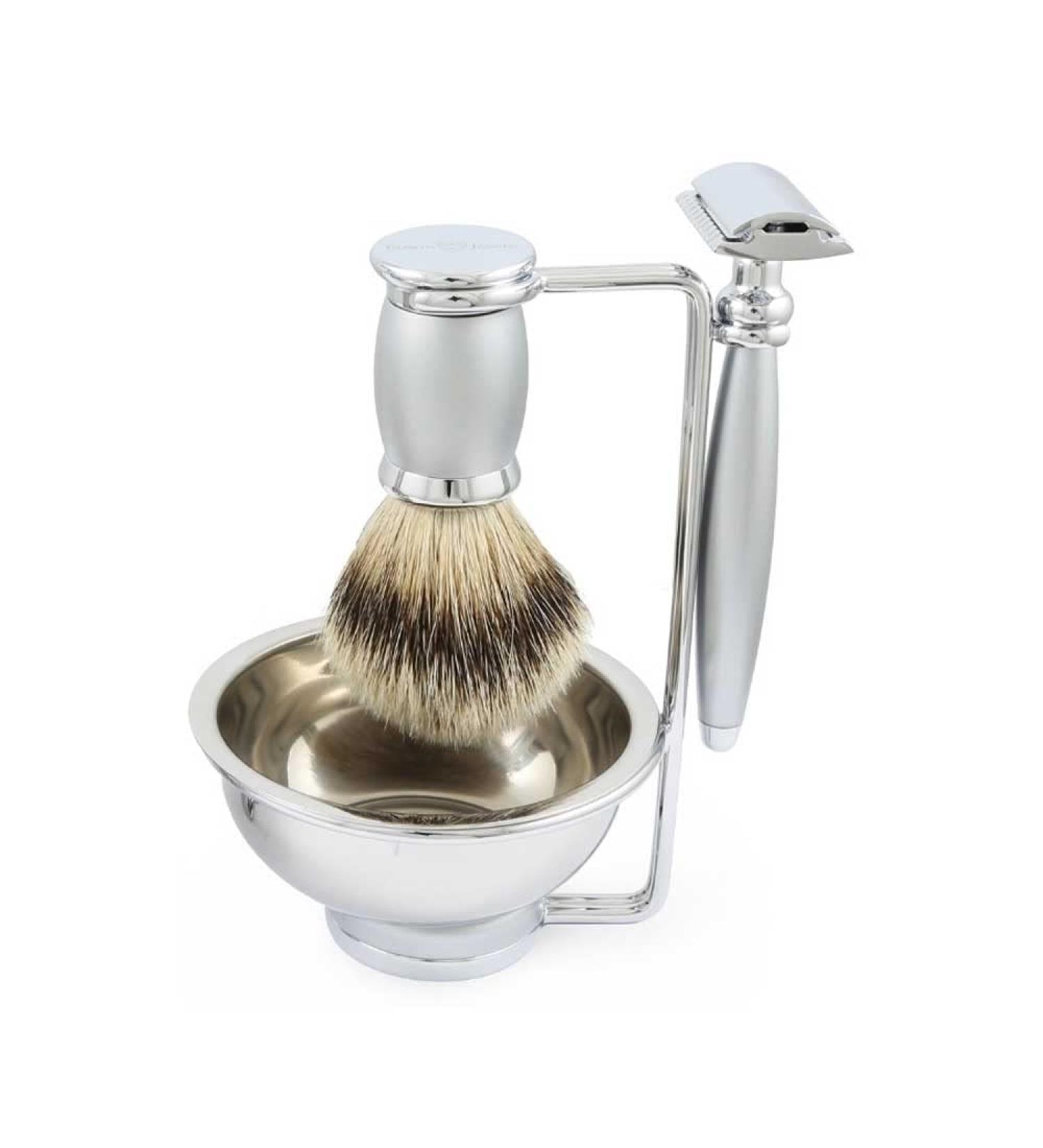 Bulbous Chrome 4-Piece DE Shaving Set | Safety Razor Silver Tip Badger Brush Bowl & Stand - Premium Quality Shaving Gear for Men - Buy Online on GoSupps.com