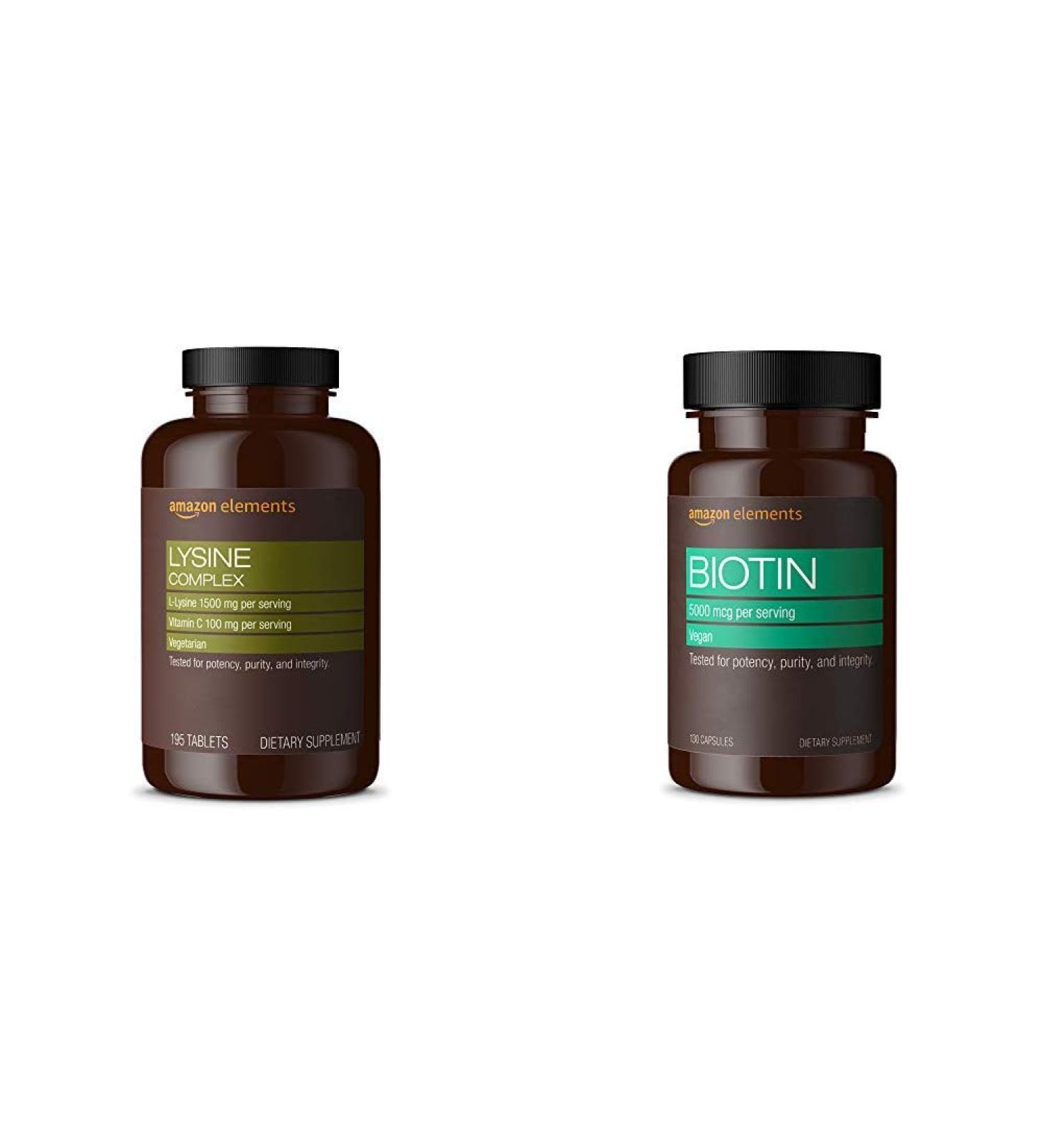 Amazon Elements Lysine Complex with Vitamin C (1500 mg L-Lysine with 100 mg Vitamin C per Serving - 3 Tablets) Supports Immune Health Vegetarian 195 Count (Packaging may vary) and Amazon Elements Vegan Biotin 5000 mcg -  - Buy Online on GoSupps.com
